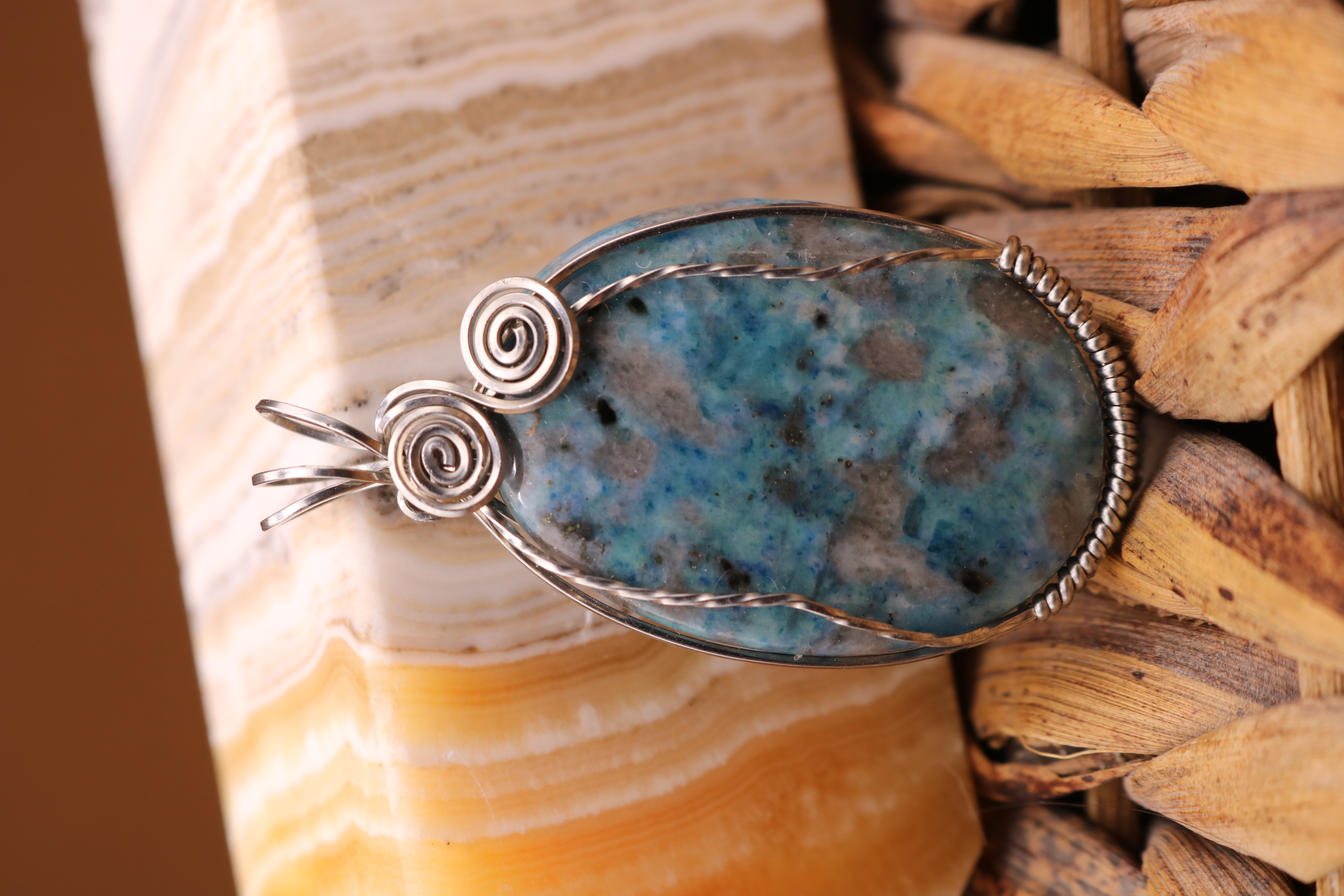 Silver Wire Wrapped Blue Apatite Crystal Necklace Pendant
