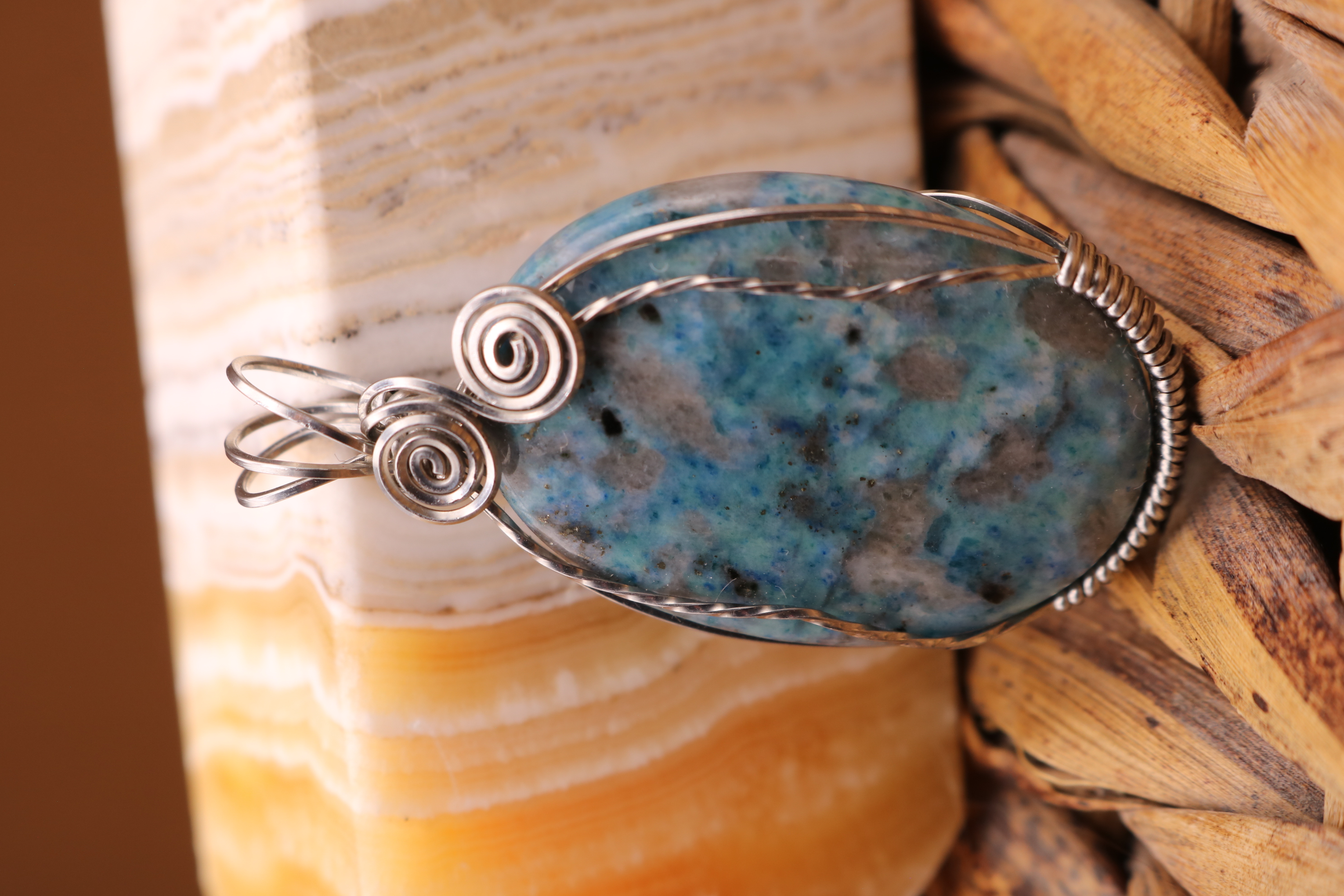 Silver Wire Wrapped Blue Apatite Crystal Necklace Pendant