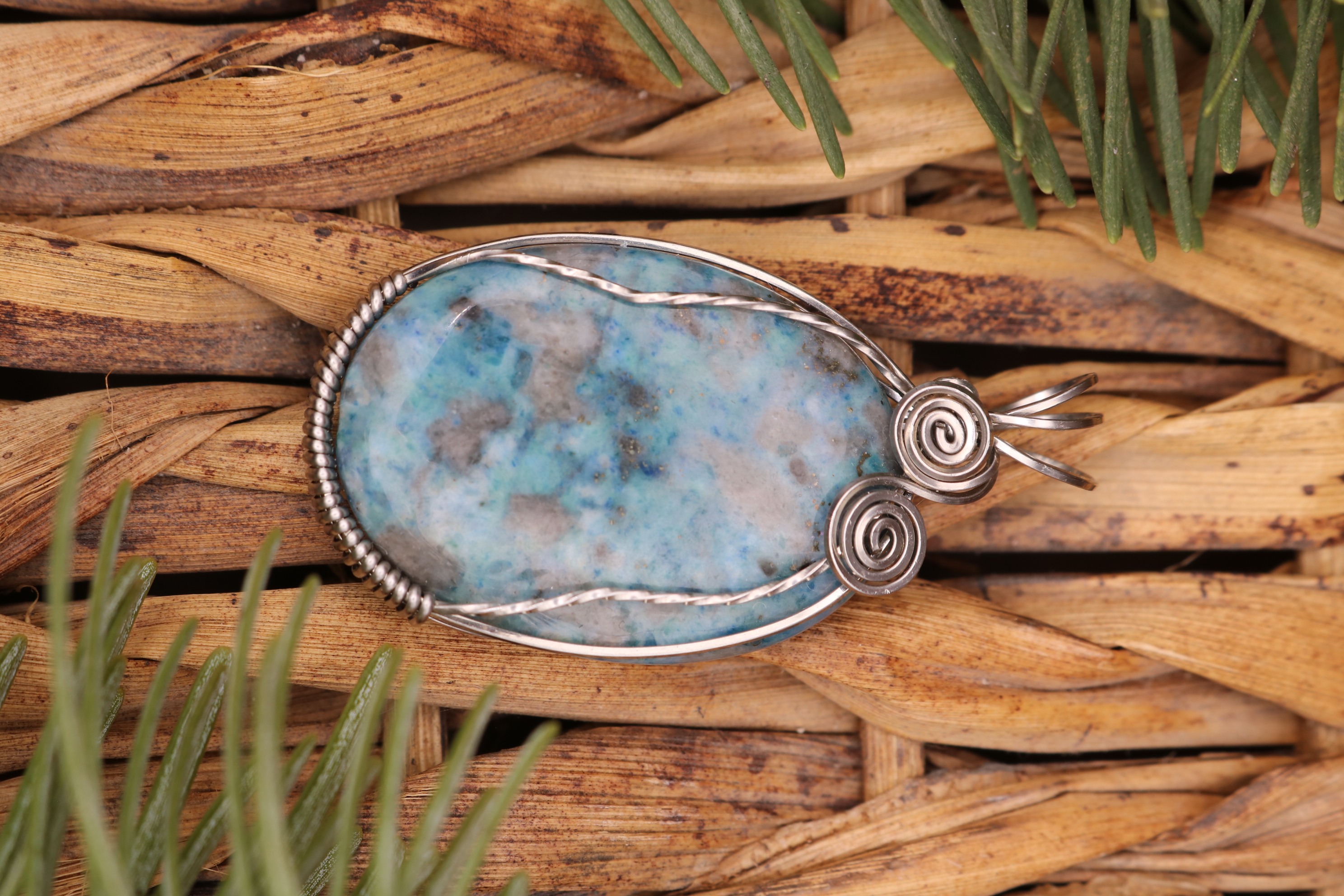 Silver Wire Wrapped Blue Apatite Crystal Necklace Pendant
