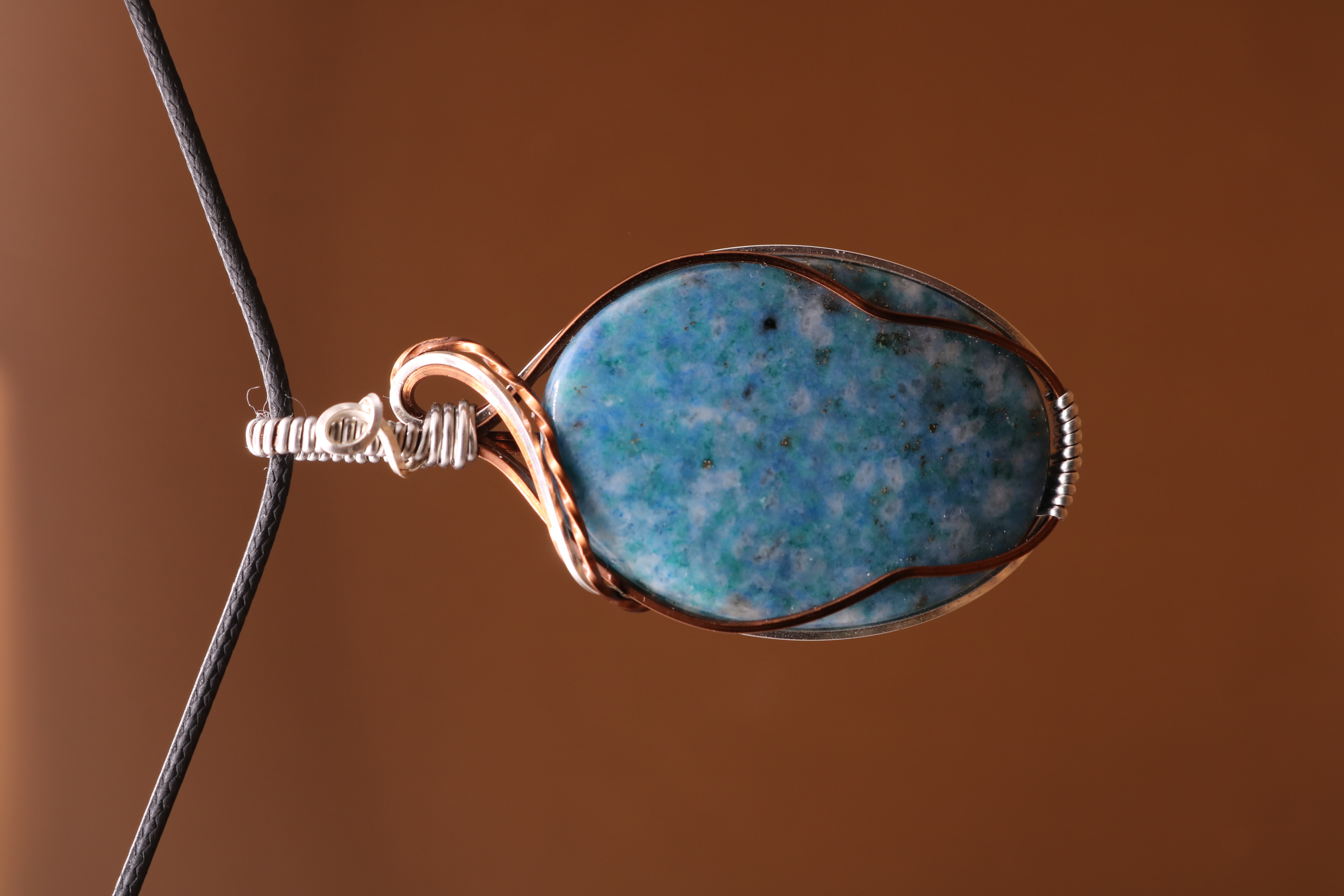 Silver and Bronze Wire Wrapped Blue Apatite Crystal Necklace Pendant