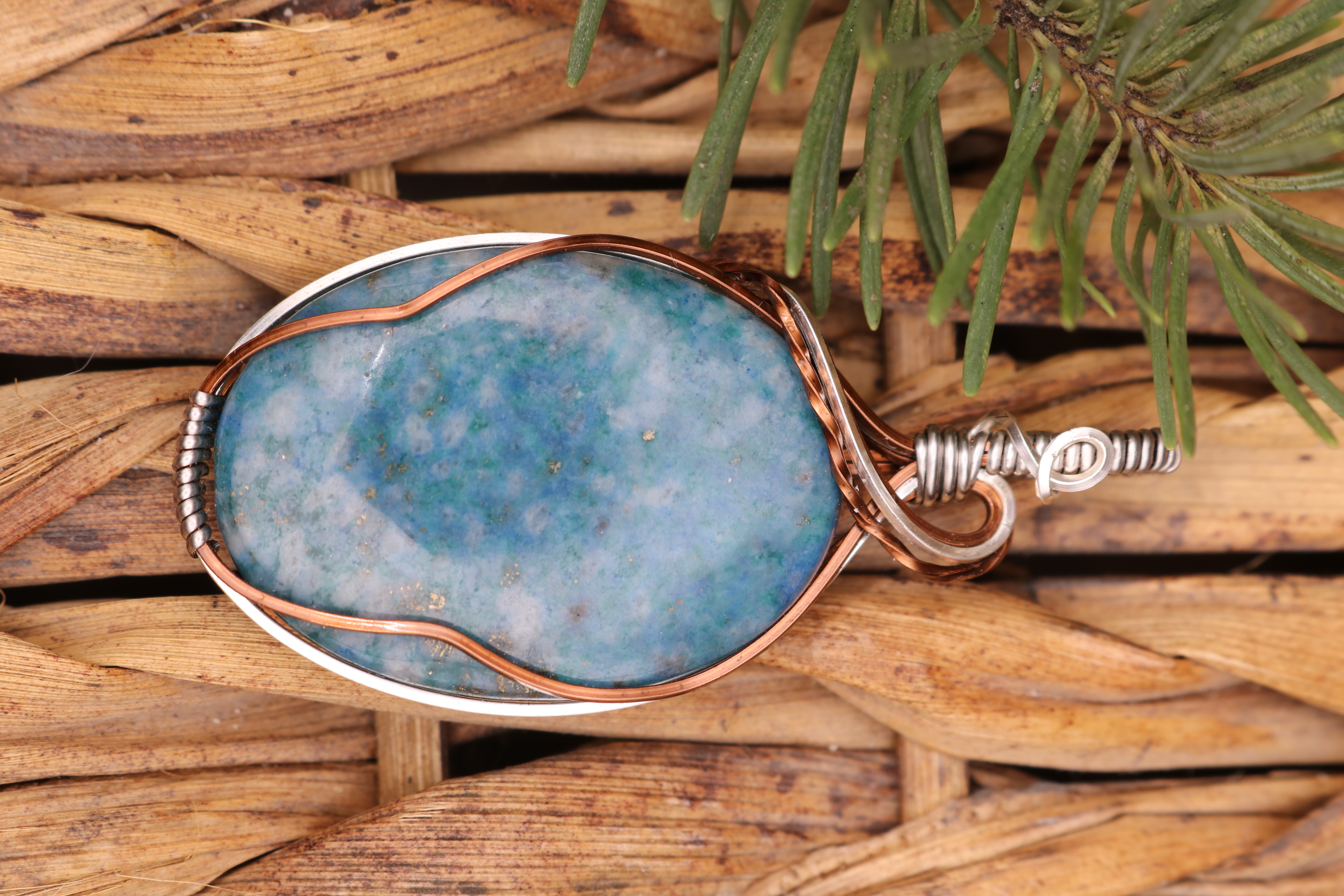 Silver and Bronze Wire Wrapped Blue Apatite Crystal Necklace Pendant