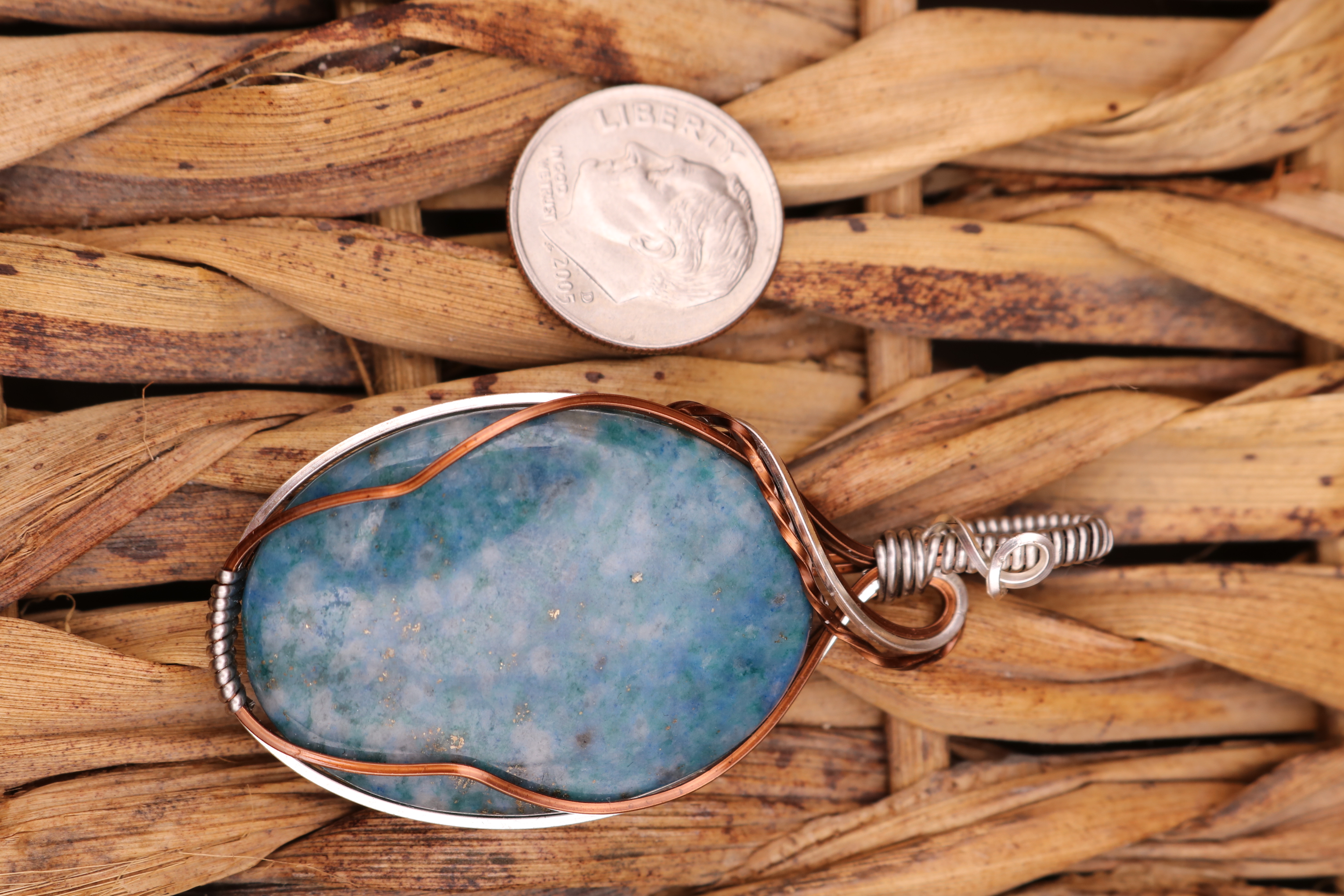 Silver and Bronze Wire Wrapped Blue Apatite Crystal Necklace Pendant