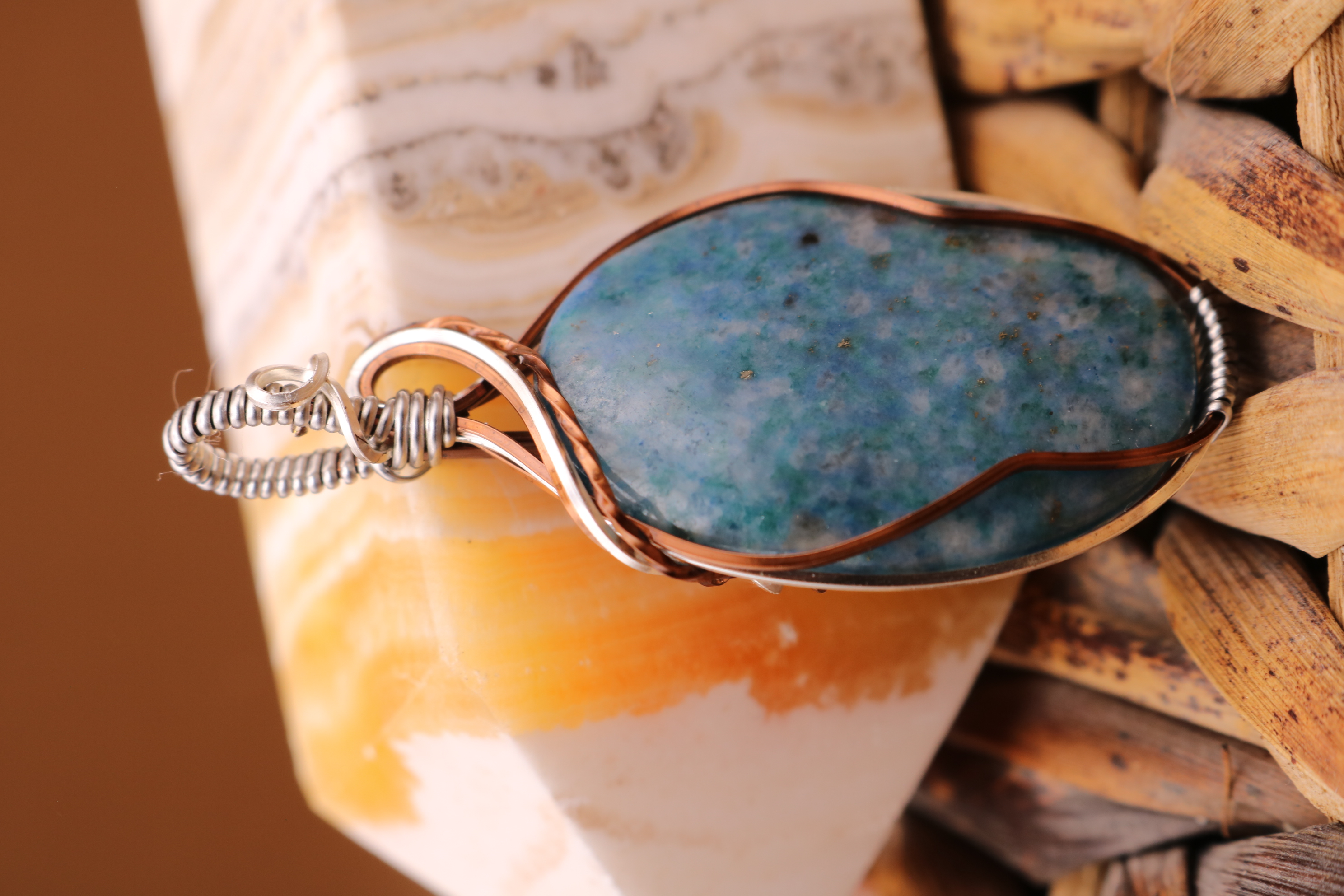 Silver and Bronze Wire Wrapped Blue Apatite Crystal Necklace Pendant