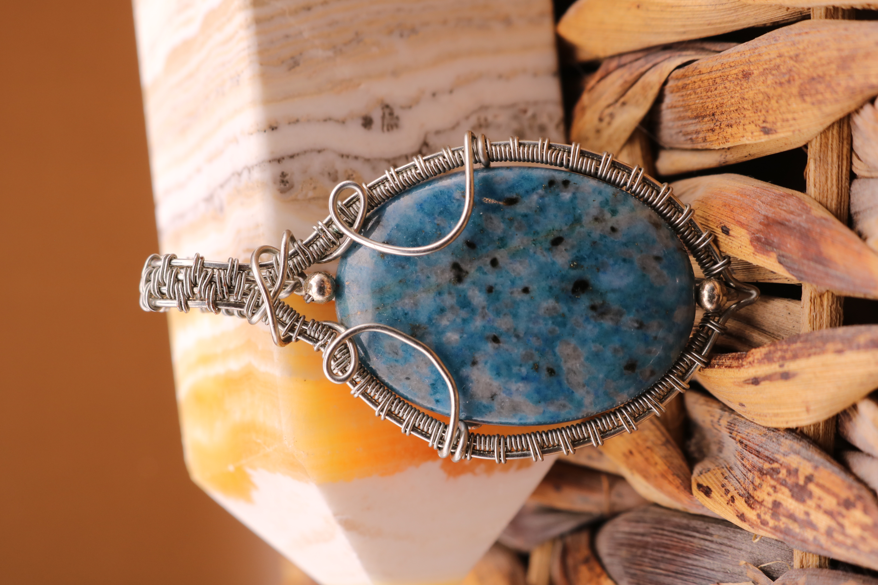 Silver Wire Wrapped Blue Apatite Crystal Necklace Pendant