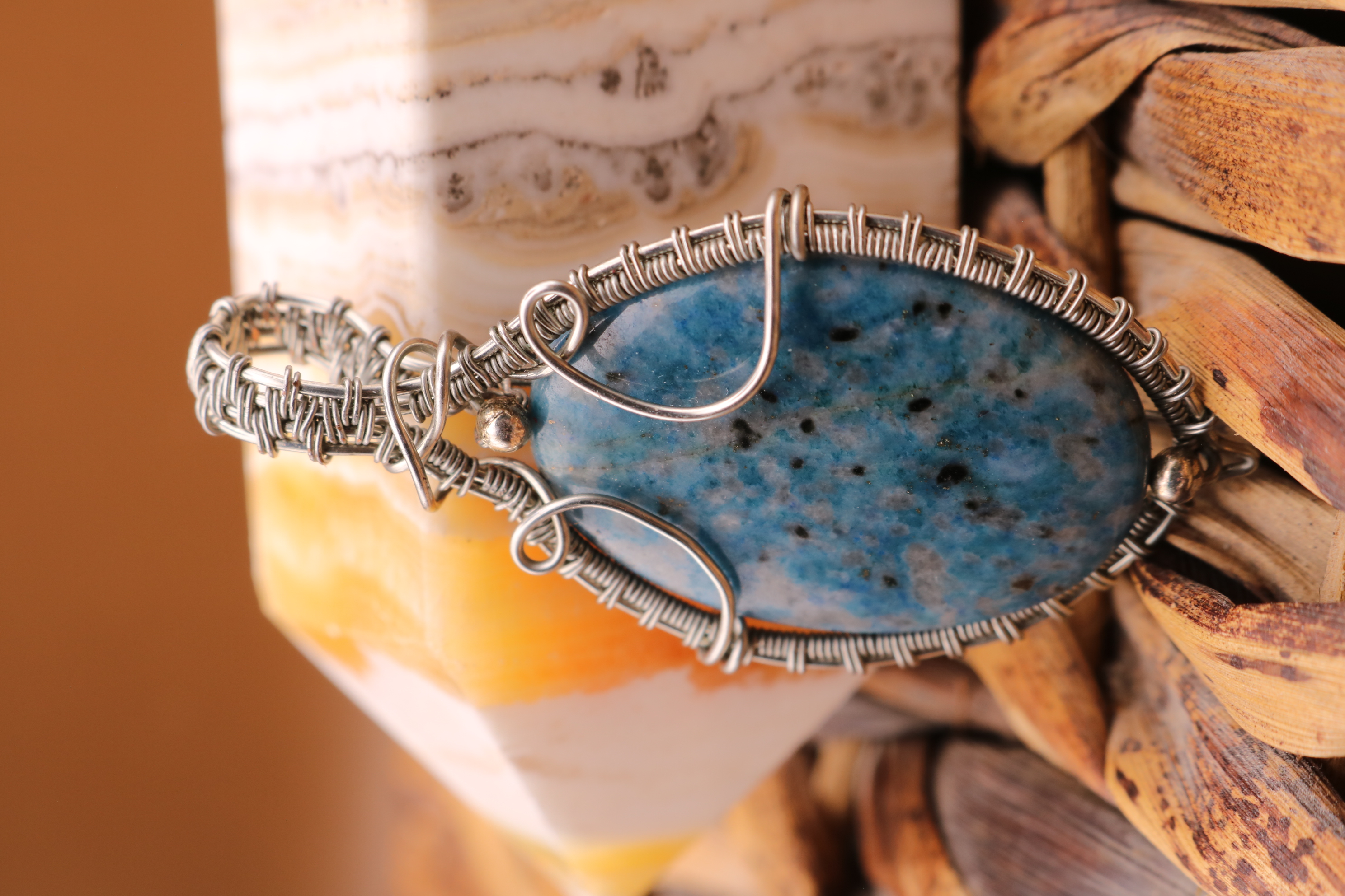 Silver Wire Wrapped Blue Apatite Crystal Necklace Pendant
