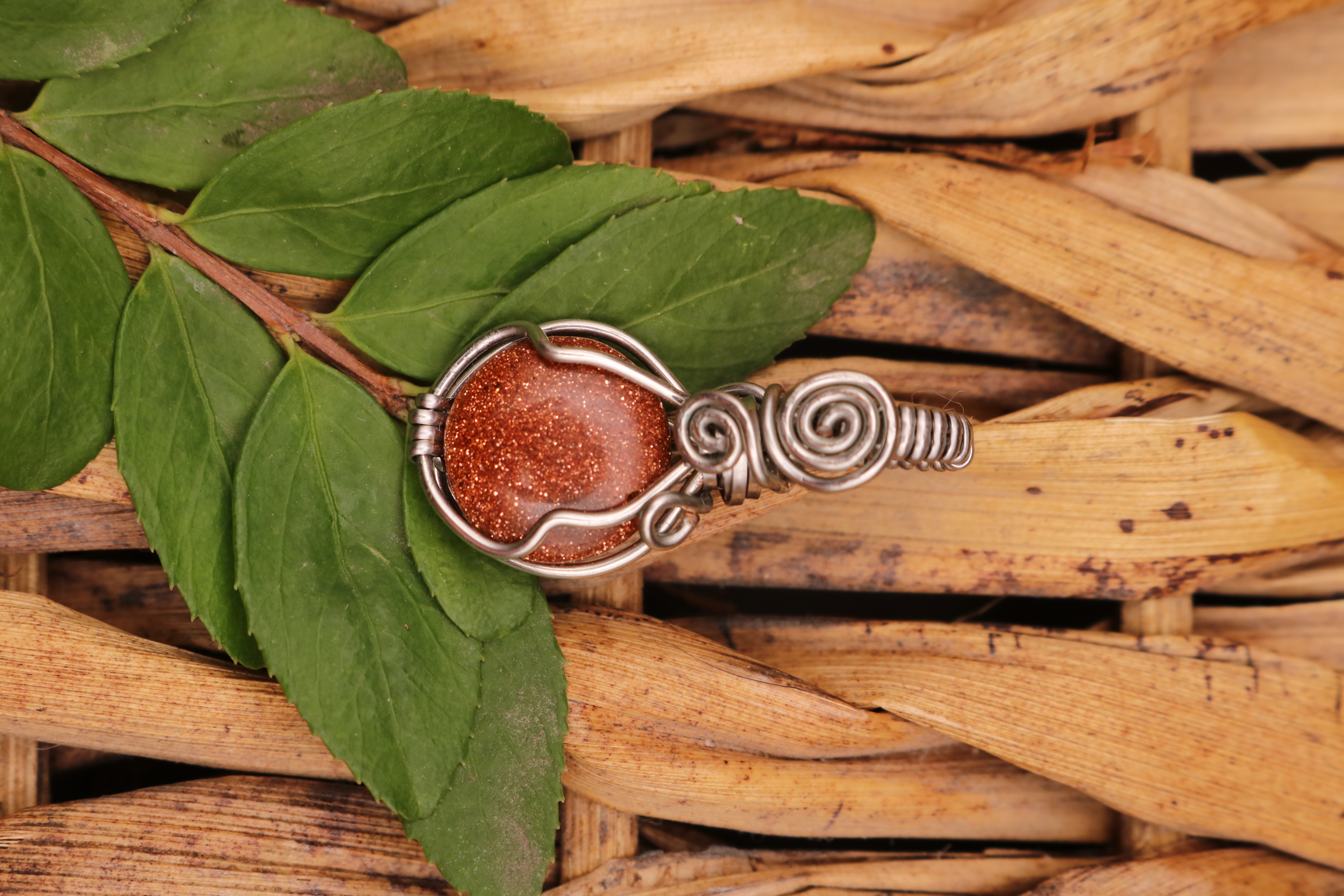 Silver Wire Wrapped Goldstone Crystal Necklace Pendant