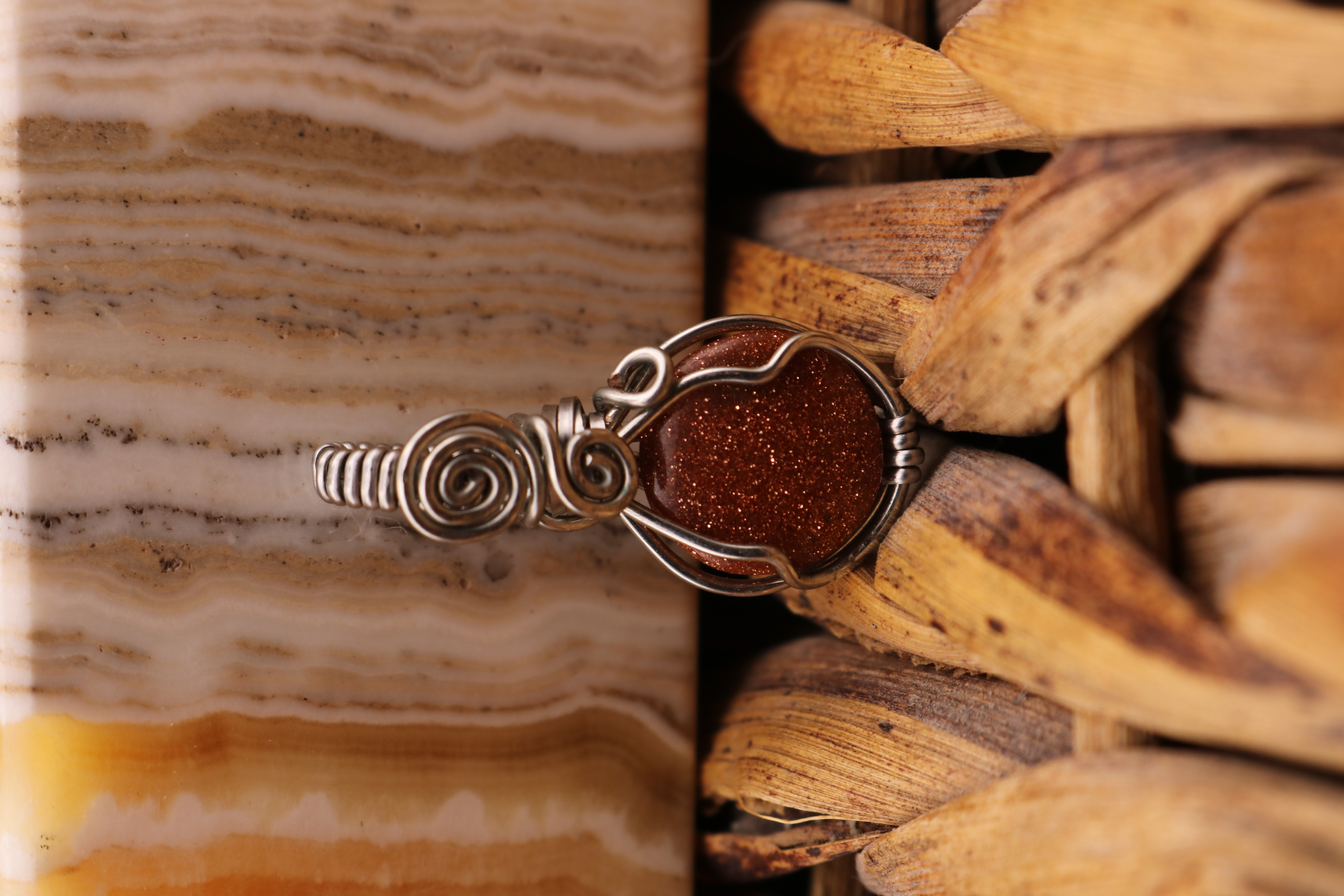 Silver Wire Wrapped Goldstone Crystal Necklace Pendant