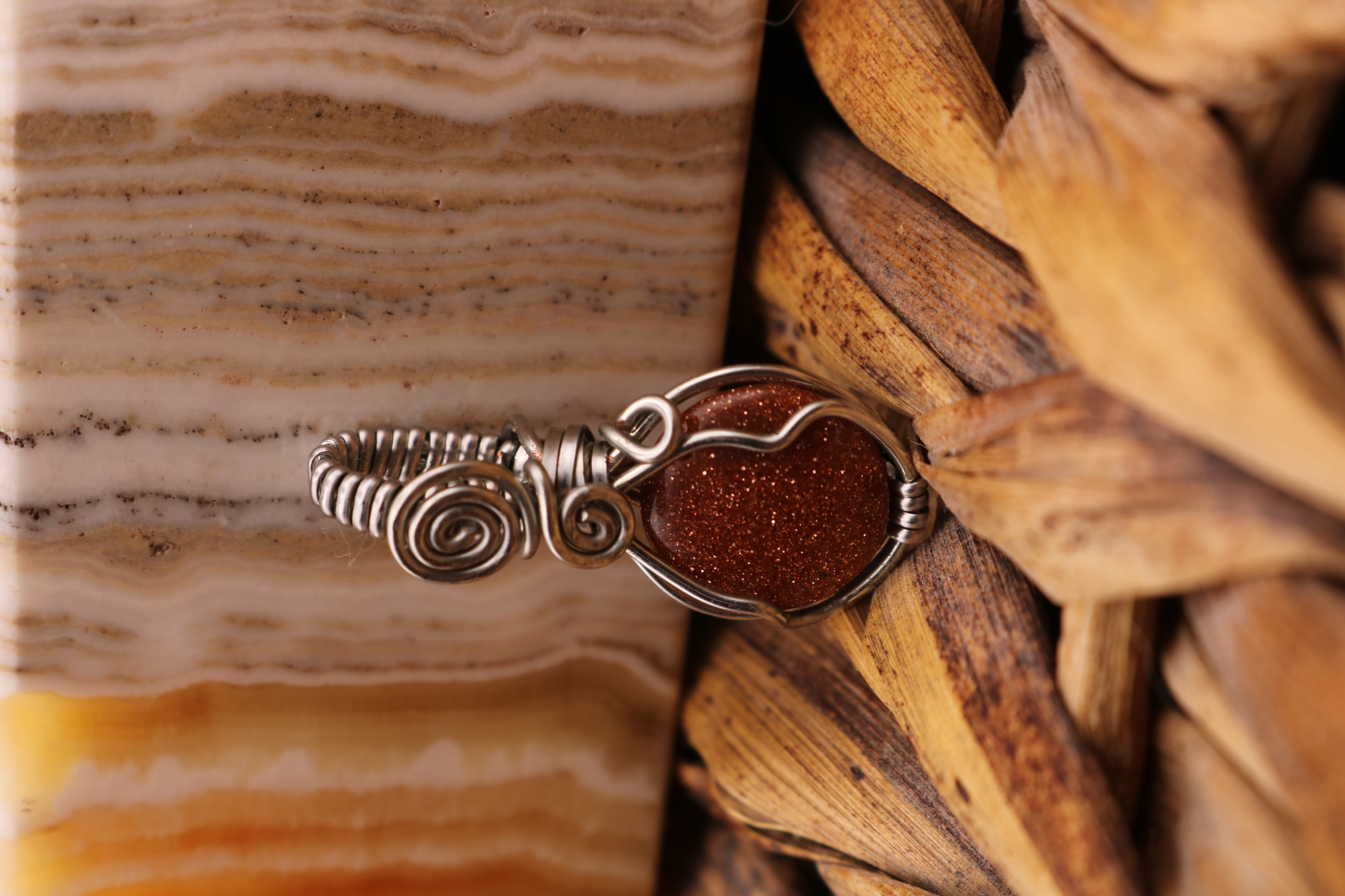Silver Wire Wrapped Goldstone Crystal Necklace Pendant