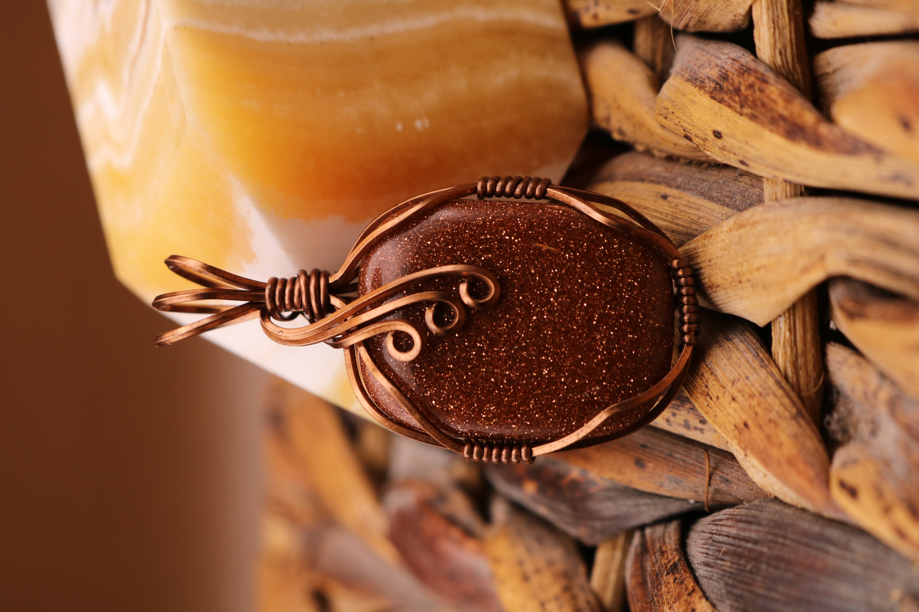 Copper Wire Wrapped Goldstone Crystal Necklace Pendant