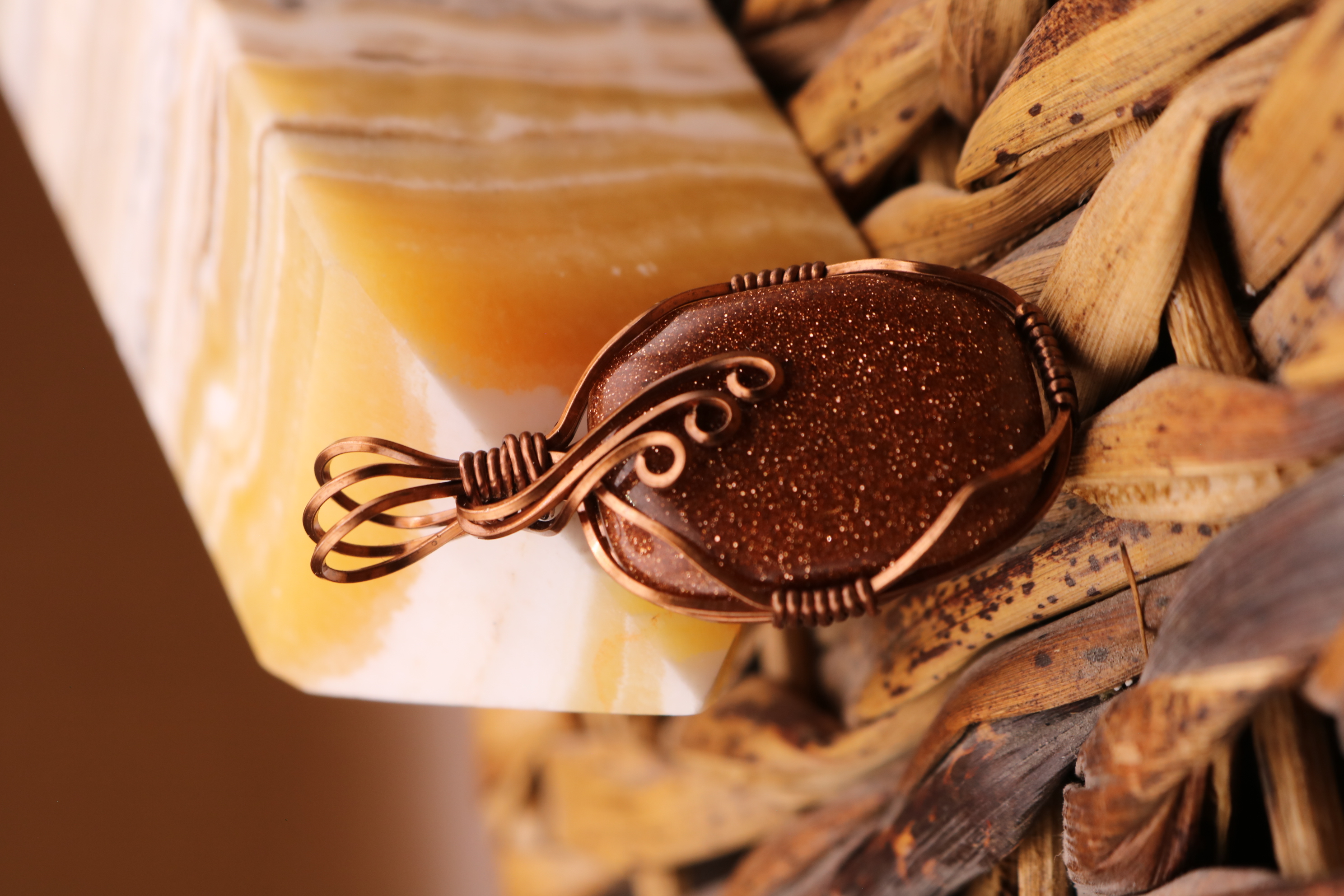 Copper Wire Wrapped Goldstone Crystal Necklace Pendant