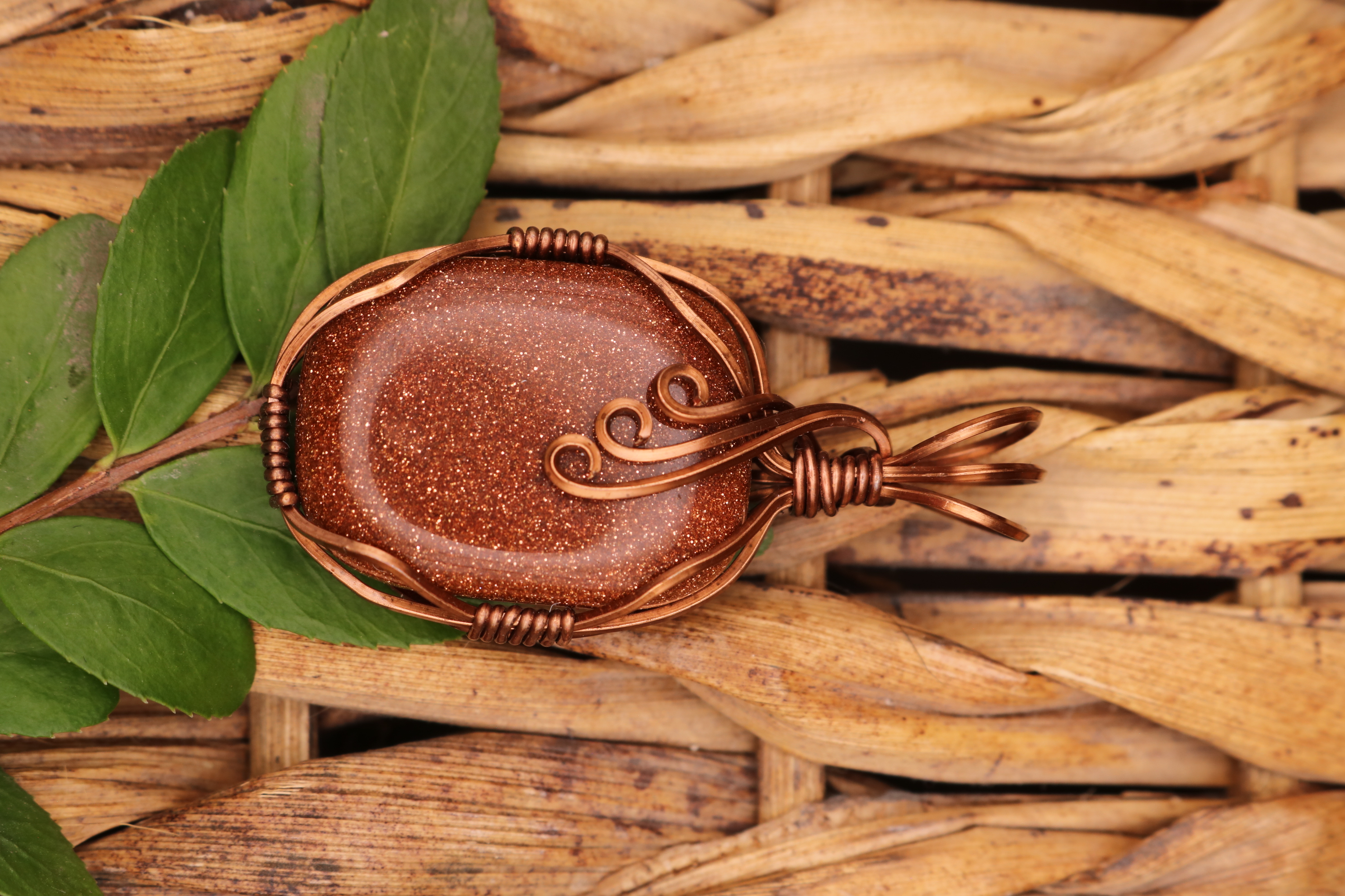 Copper Wire Wrapped Goldstone Crystal Necklace Pendant