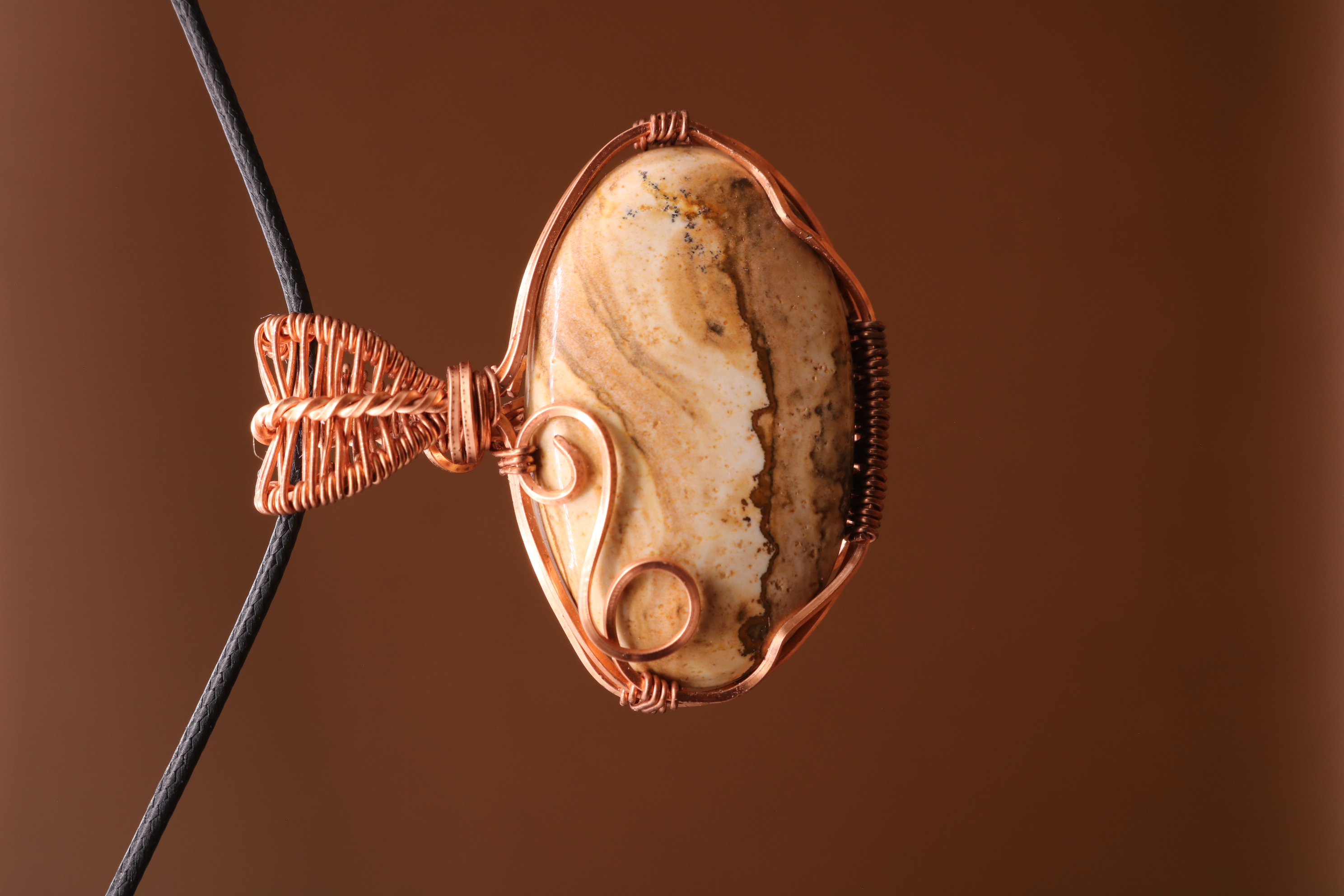 Copper Wire Wrapped Picture Jasper Crystal Necklace Pendant