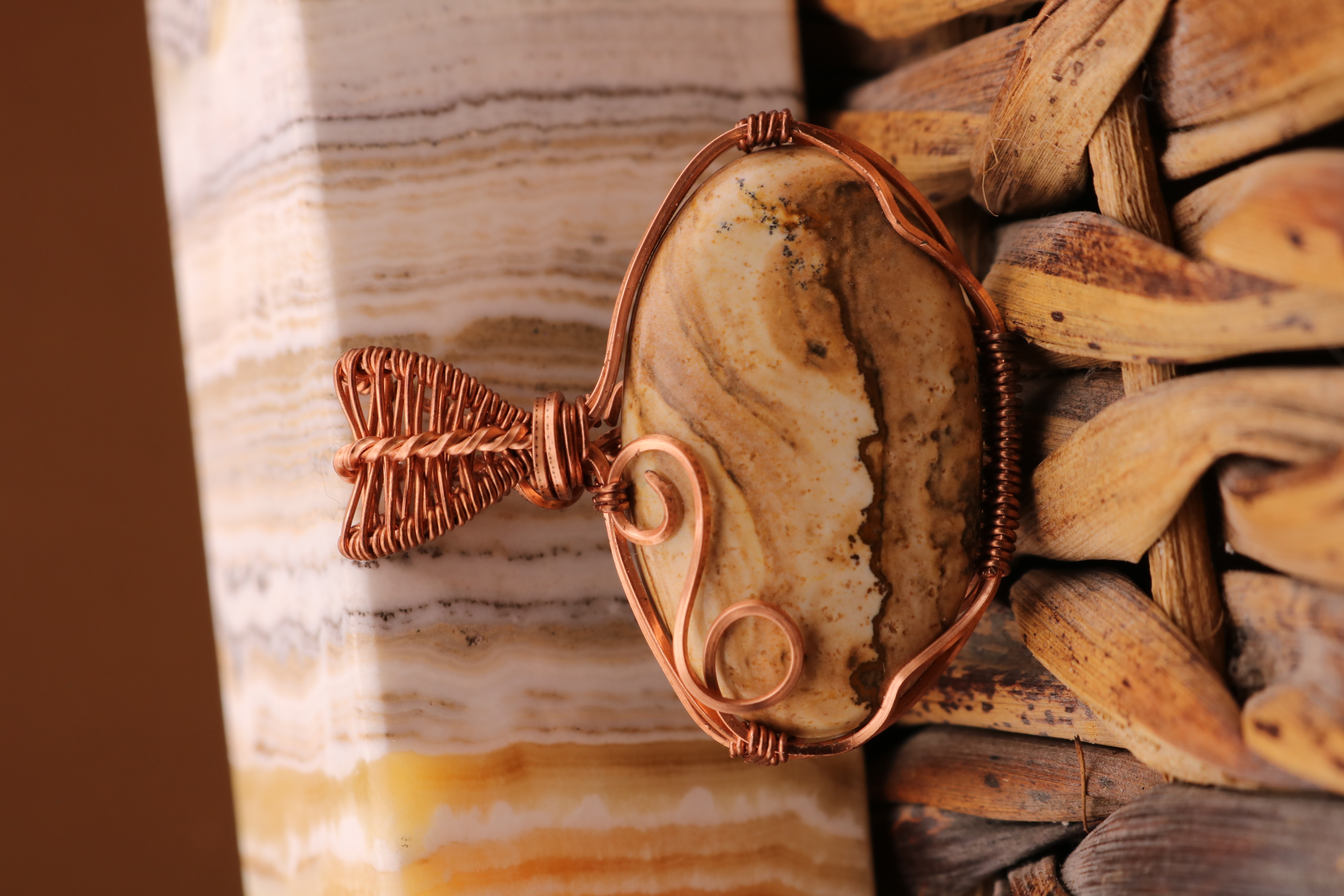 Copper Wire Wrapped Picture Jasper Crystal Necklace Pendant