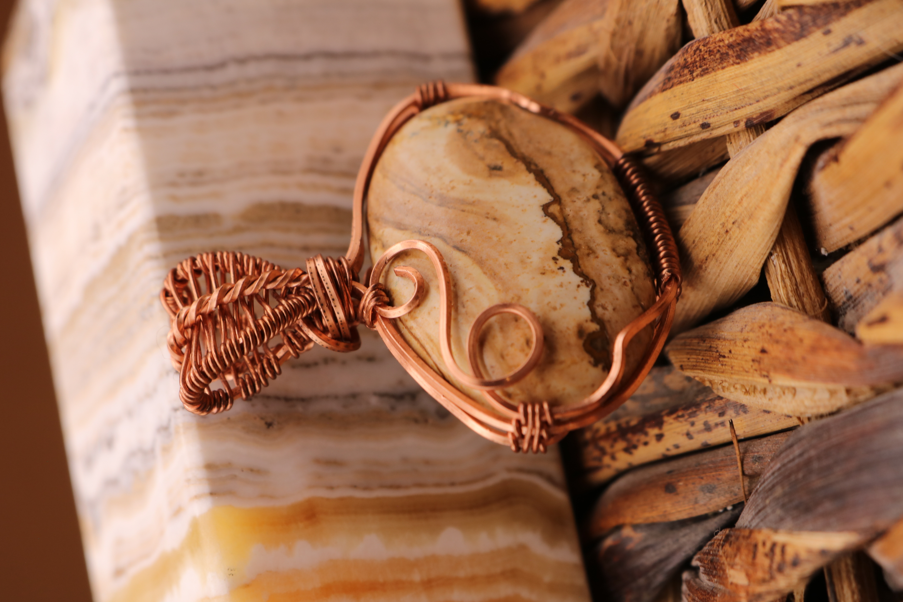 Copper Wire Wrapped Picture Jasper Crystal Necklace Pendant