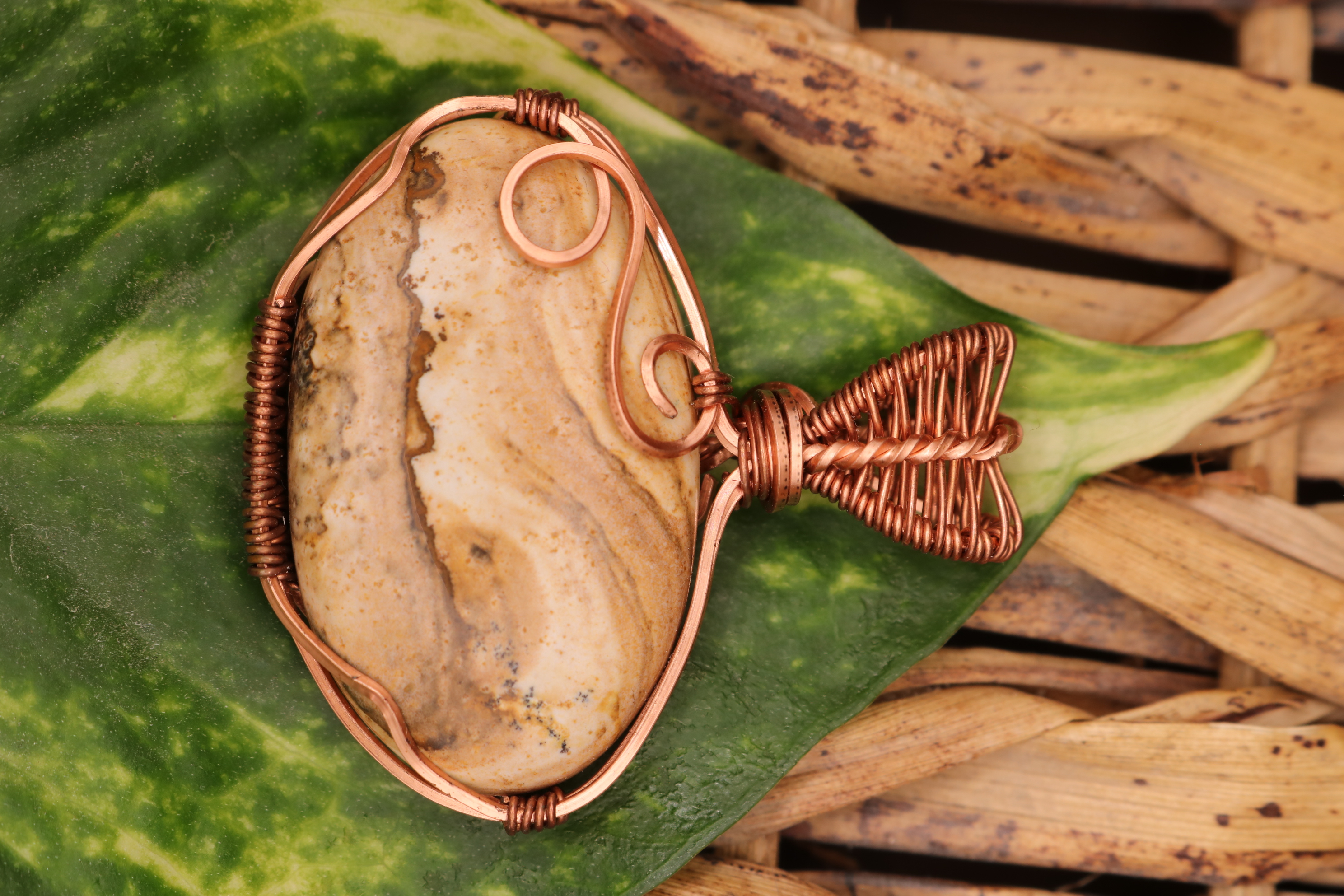 Copper Wire Wrapped Picture Jasper Crystal Necklace Pendant