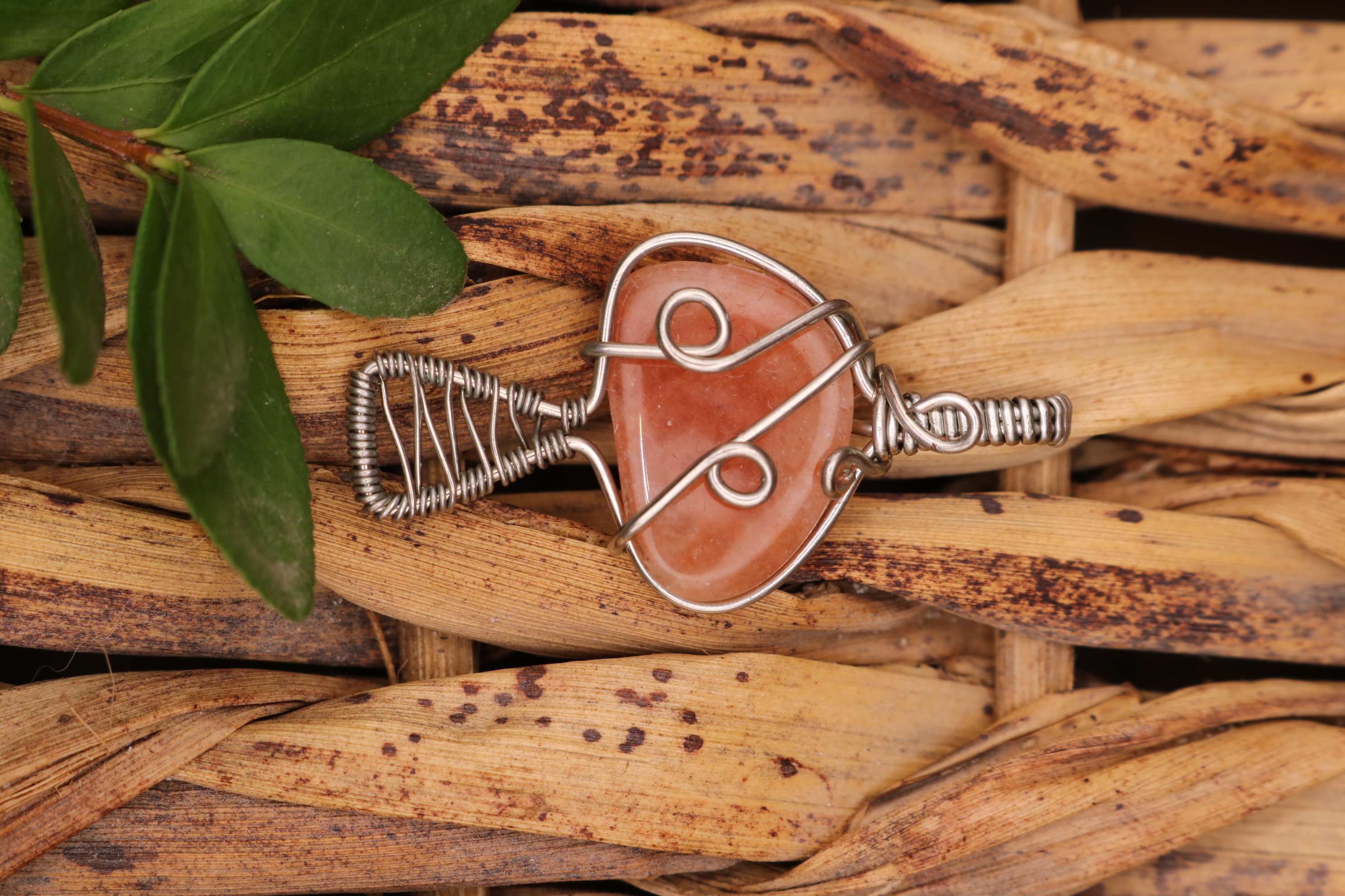 Silver Wire Wrapped Sunstone Crystal Mushroom Necklace Pendant