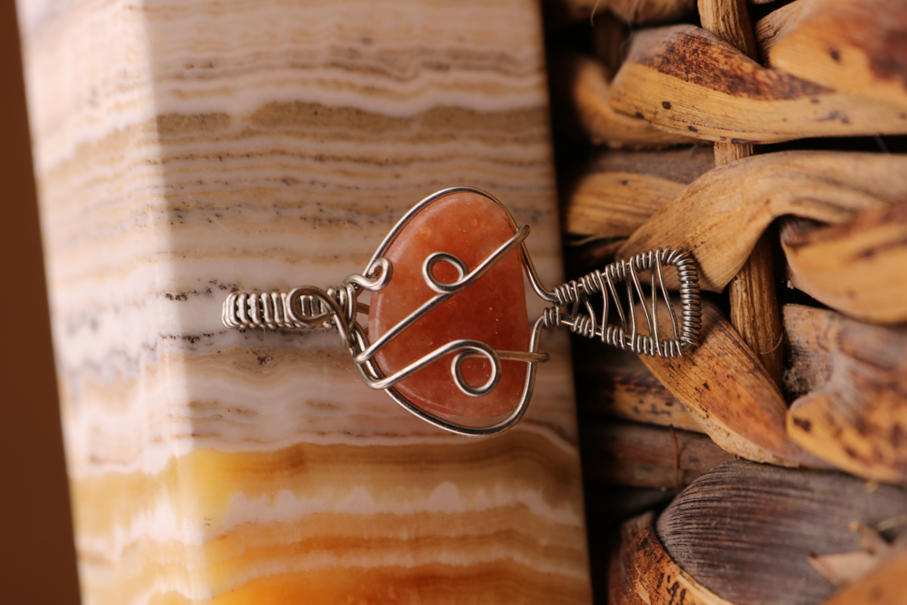 Silver Wire Wrapped Sunstone Crystal Mushroom Necklace Pendant