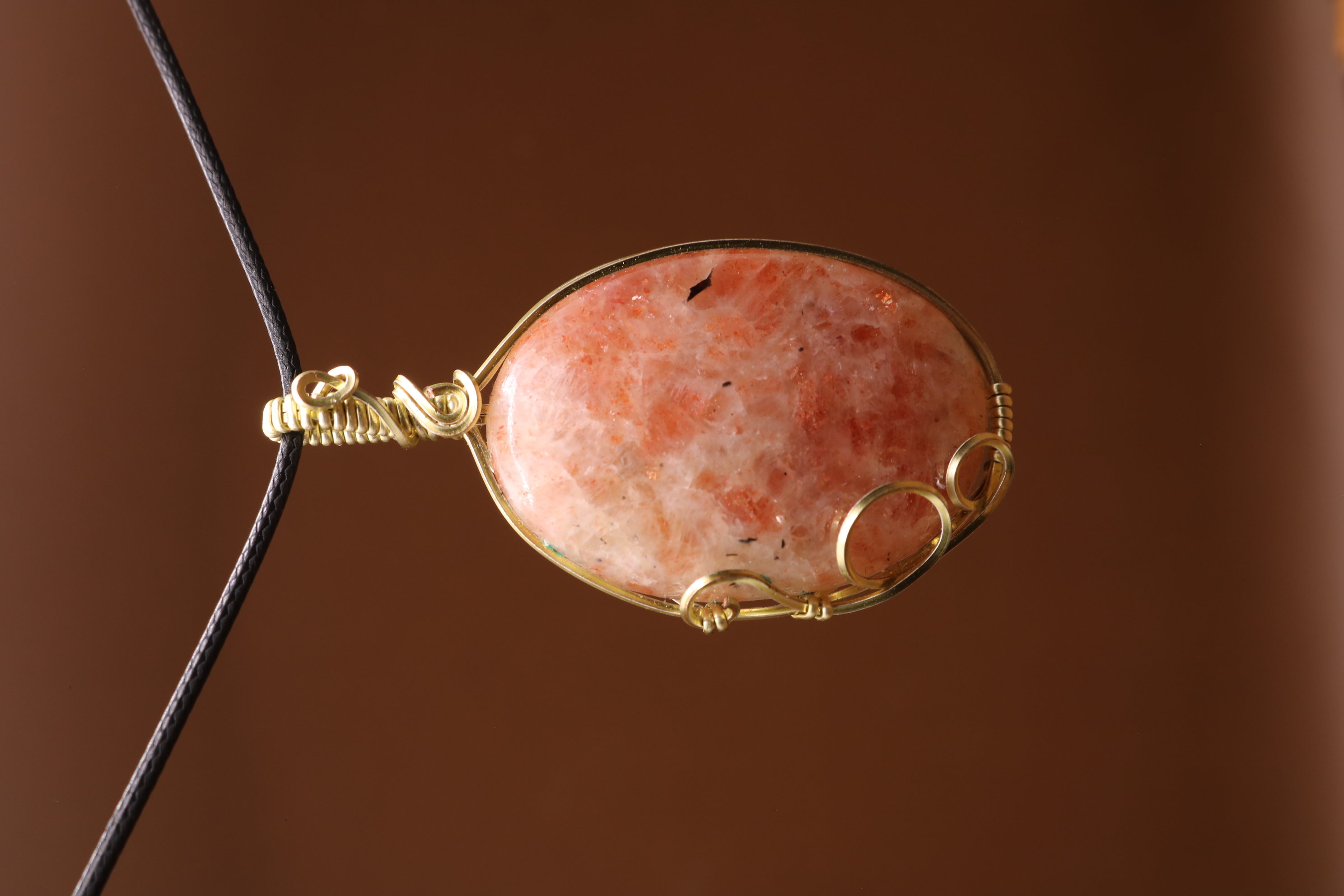 Gold Wire Wrapped Sunstone Crystal Necklace Pendant