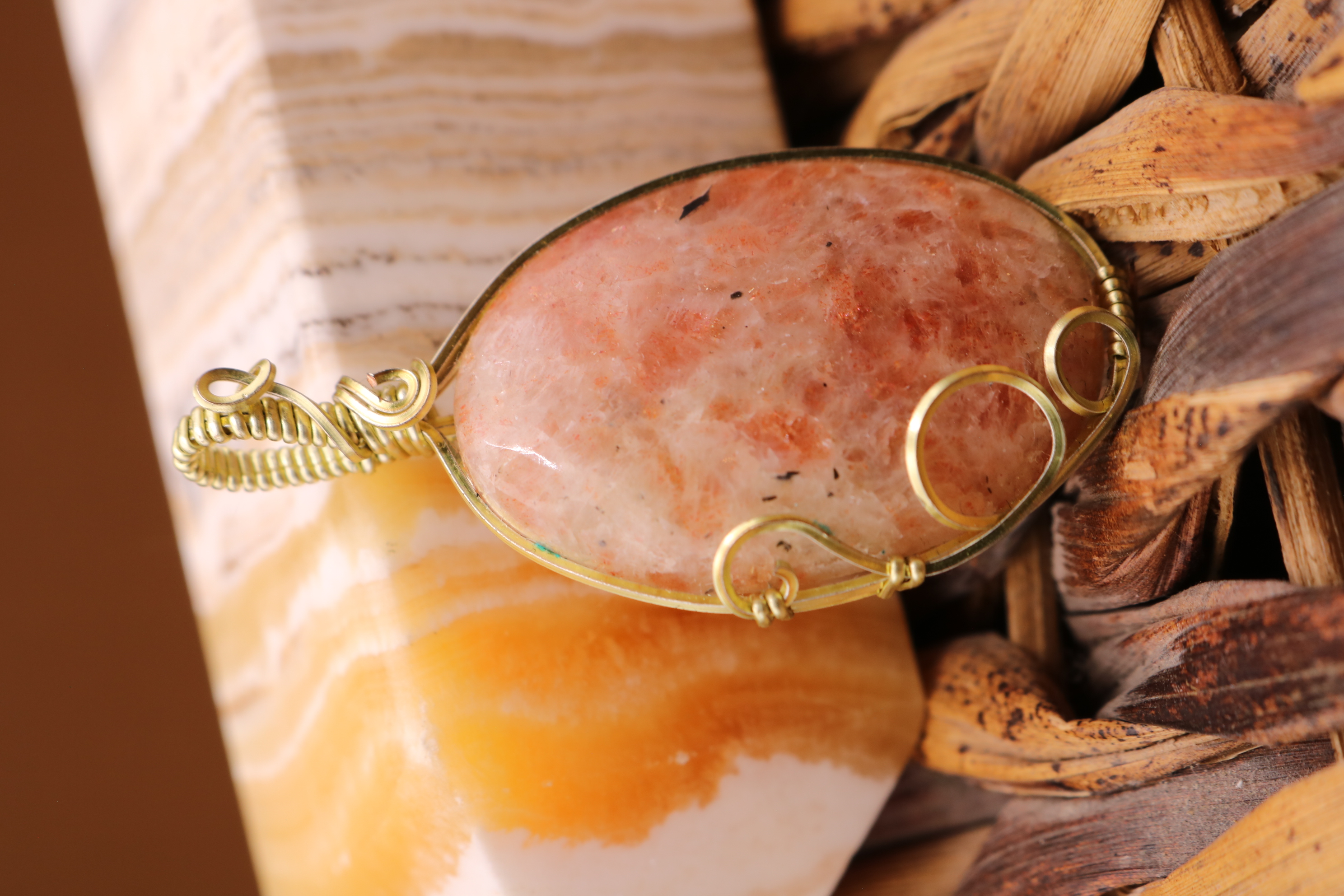 Gold Wire Wrapped Sunstone Crystal Necklace Pendant