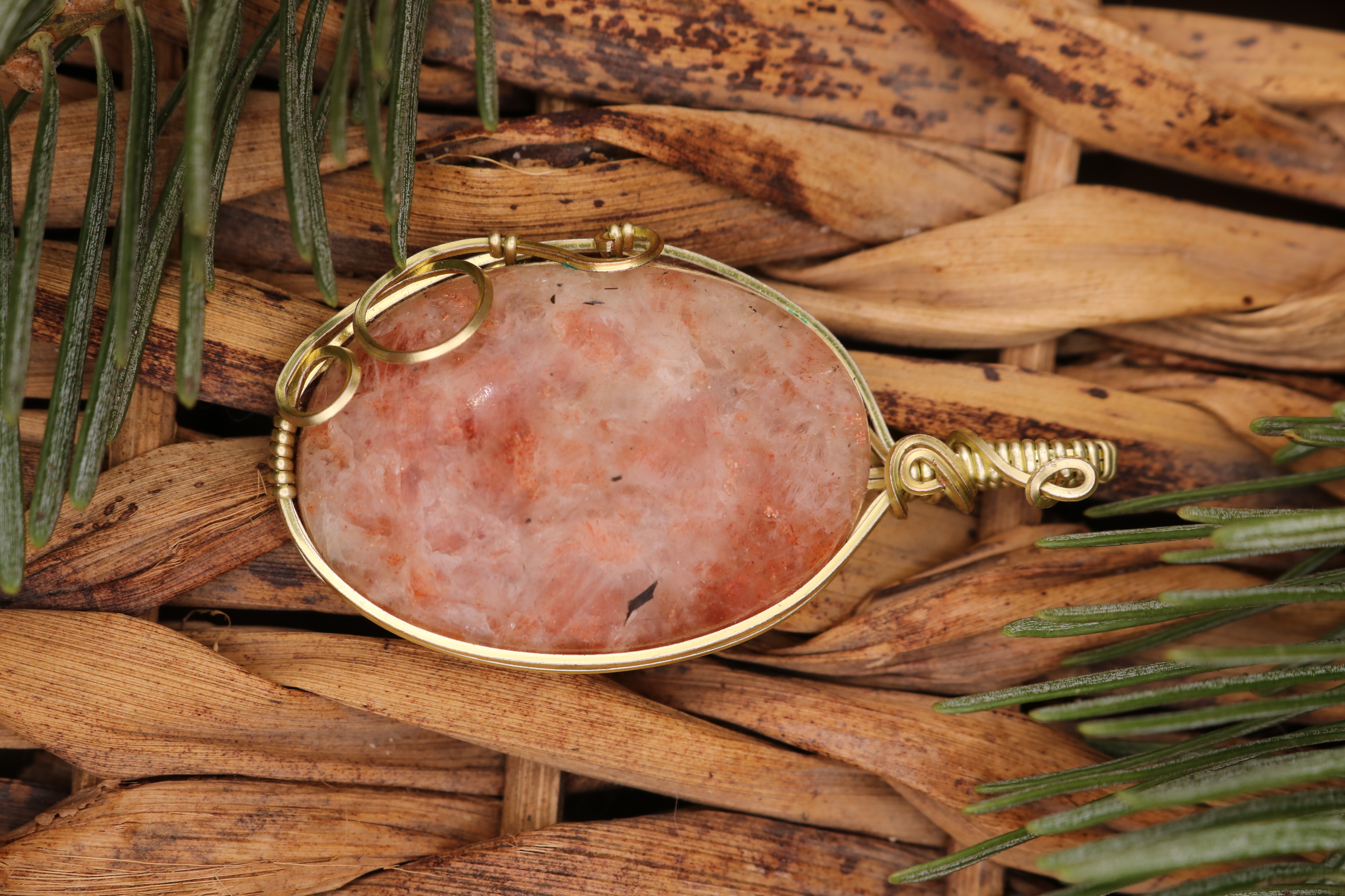 Gold Wire Wrapped Sunstone Crystal Necklace Pendant