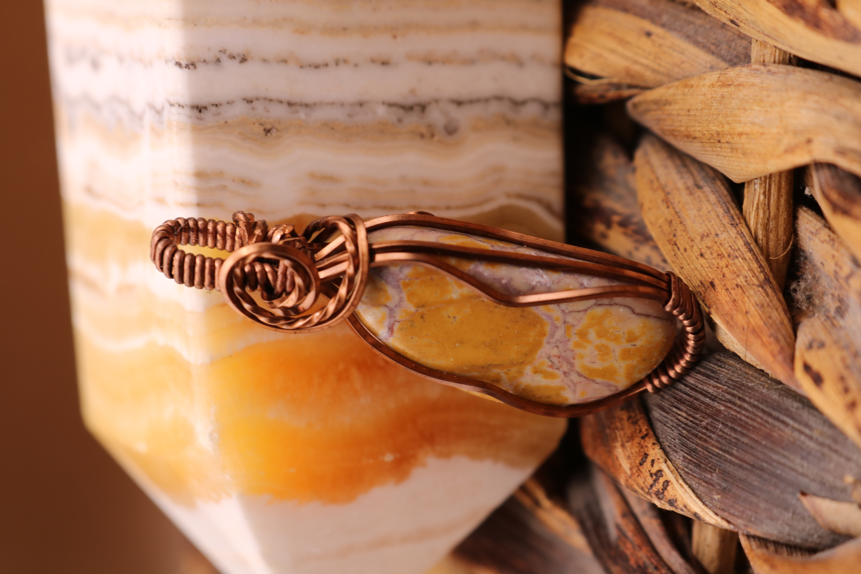 Bronze Wire Wrapped Jasper Crystal Necklace Pendant