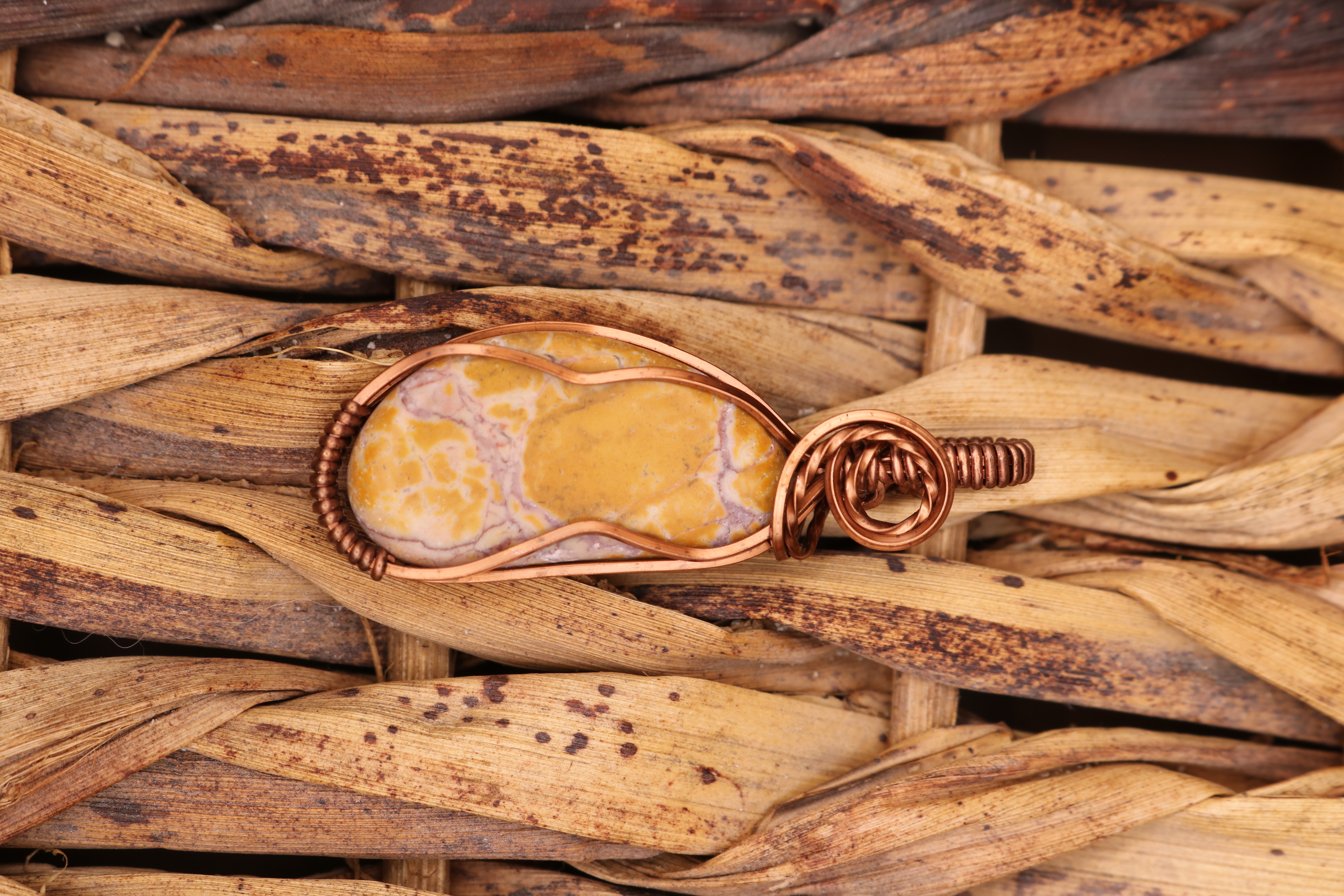 Bronze Wire Wrapped Jasper Crystal Necklace Pendant