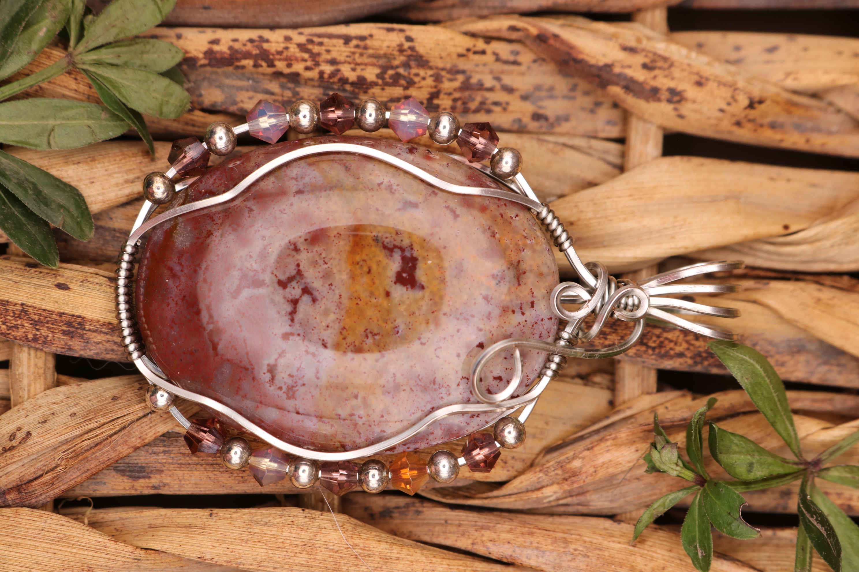 Silver Wire Wrapped Jasper Crystal Necklace Pendant