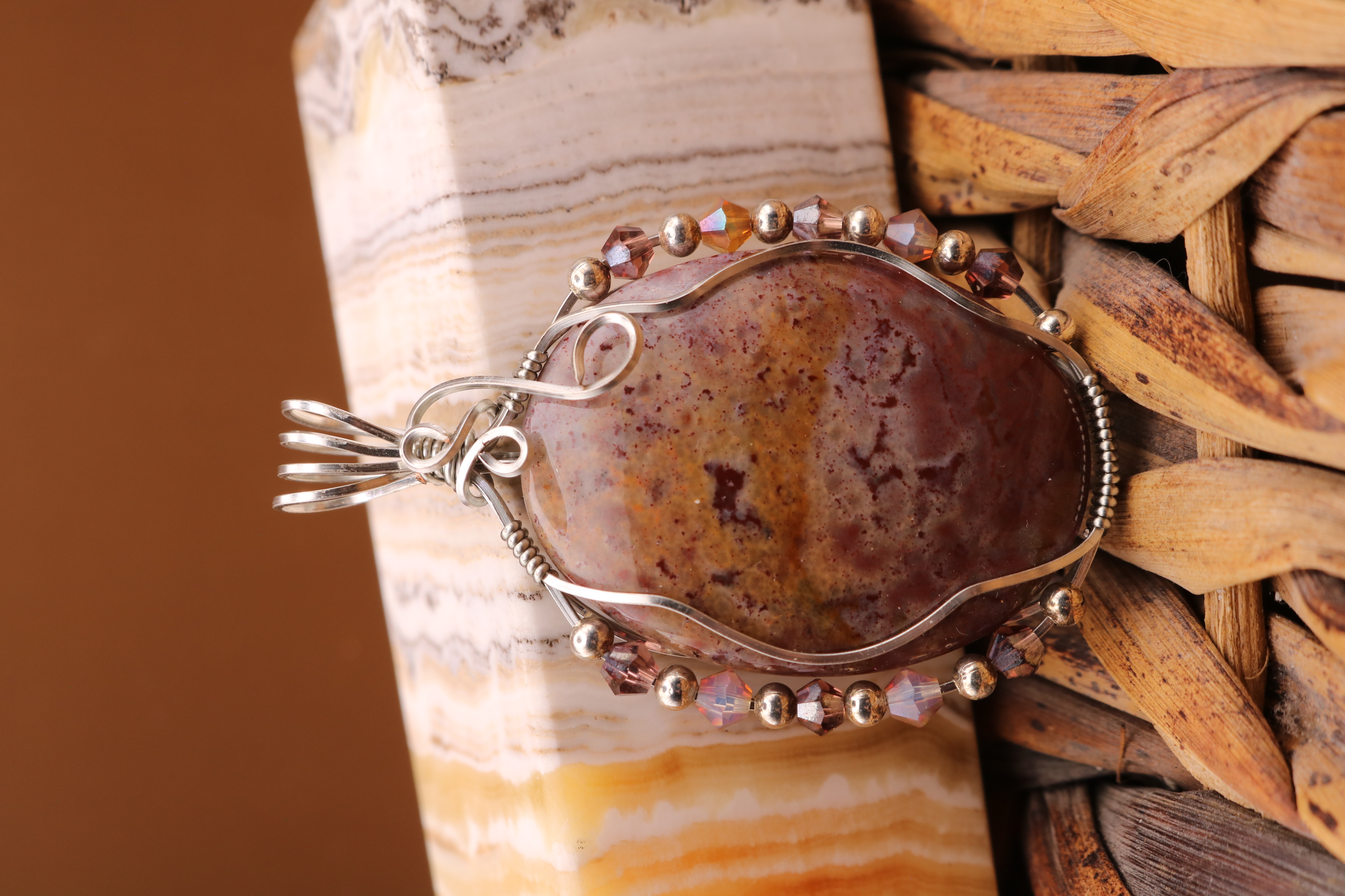 Silver Wire Wrapped Jasper Crystal Necklace Pendant