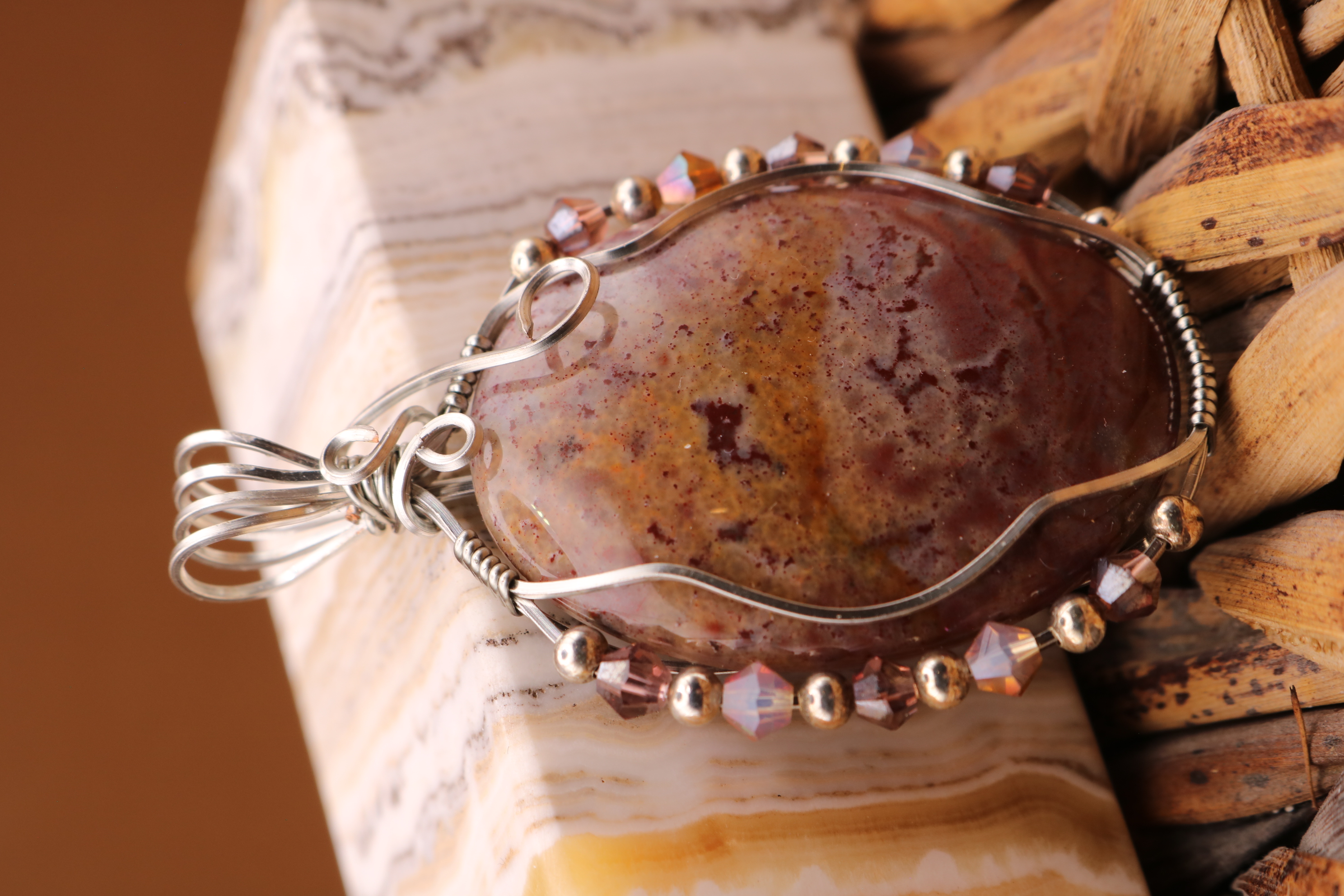 Silver Wire Wrapped Jasper Crystal Necklace Pendant