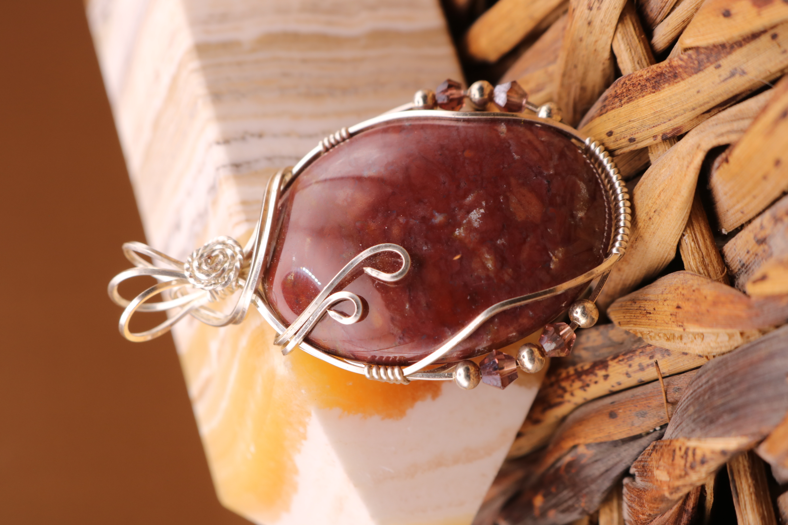 Silver Wire Wrapped Jasper Crystal Necklace Pendant