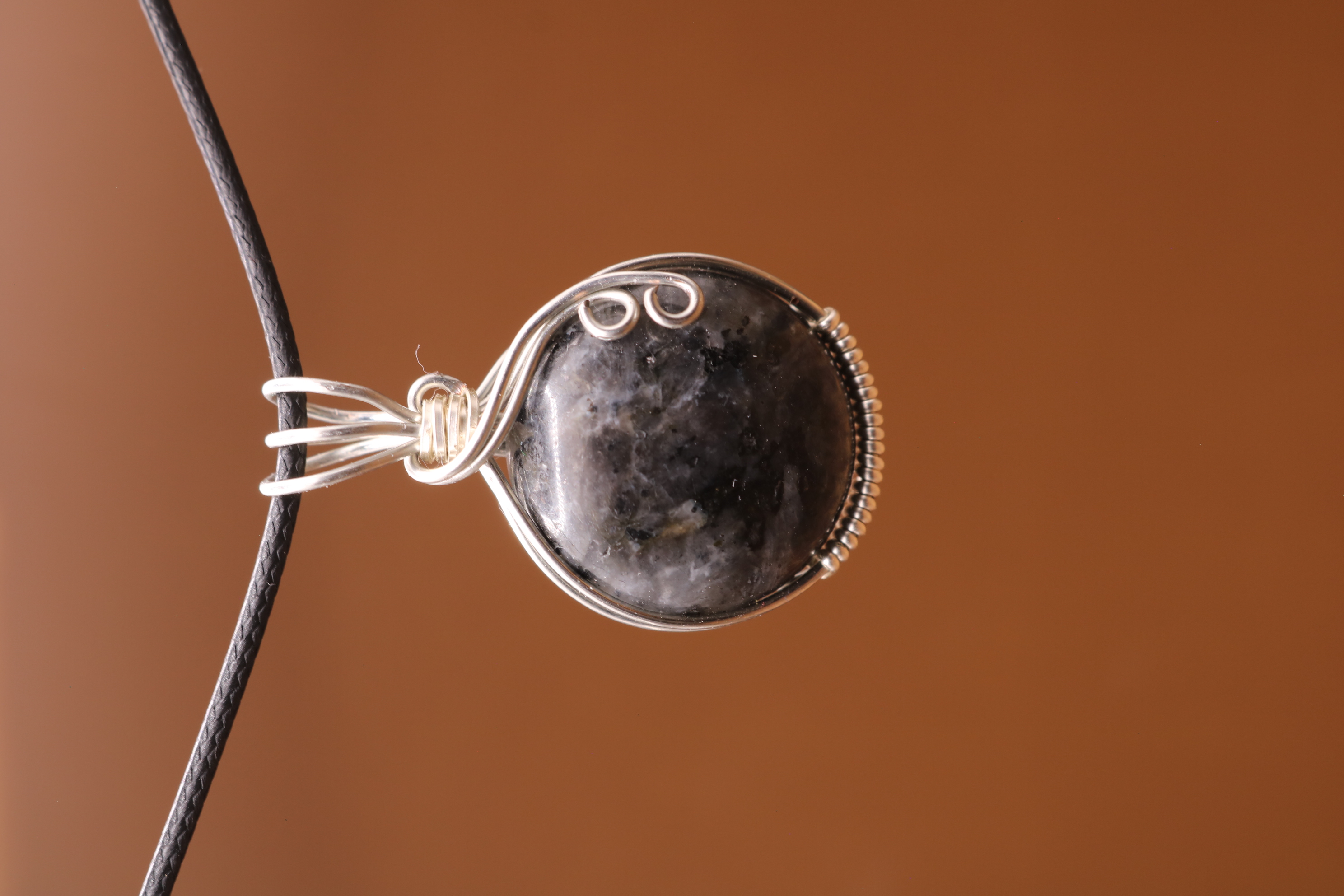 Silver Wire Wrapped Larvikite Crystal Necklace Pendant