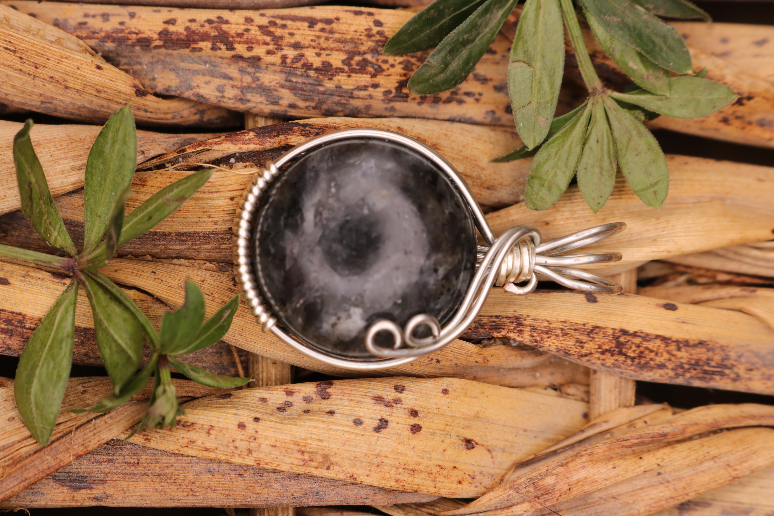 Silver Wire Wrapped Larvikite Crystal Necklace Pendant