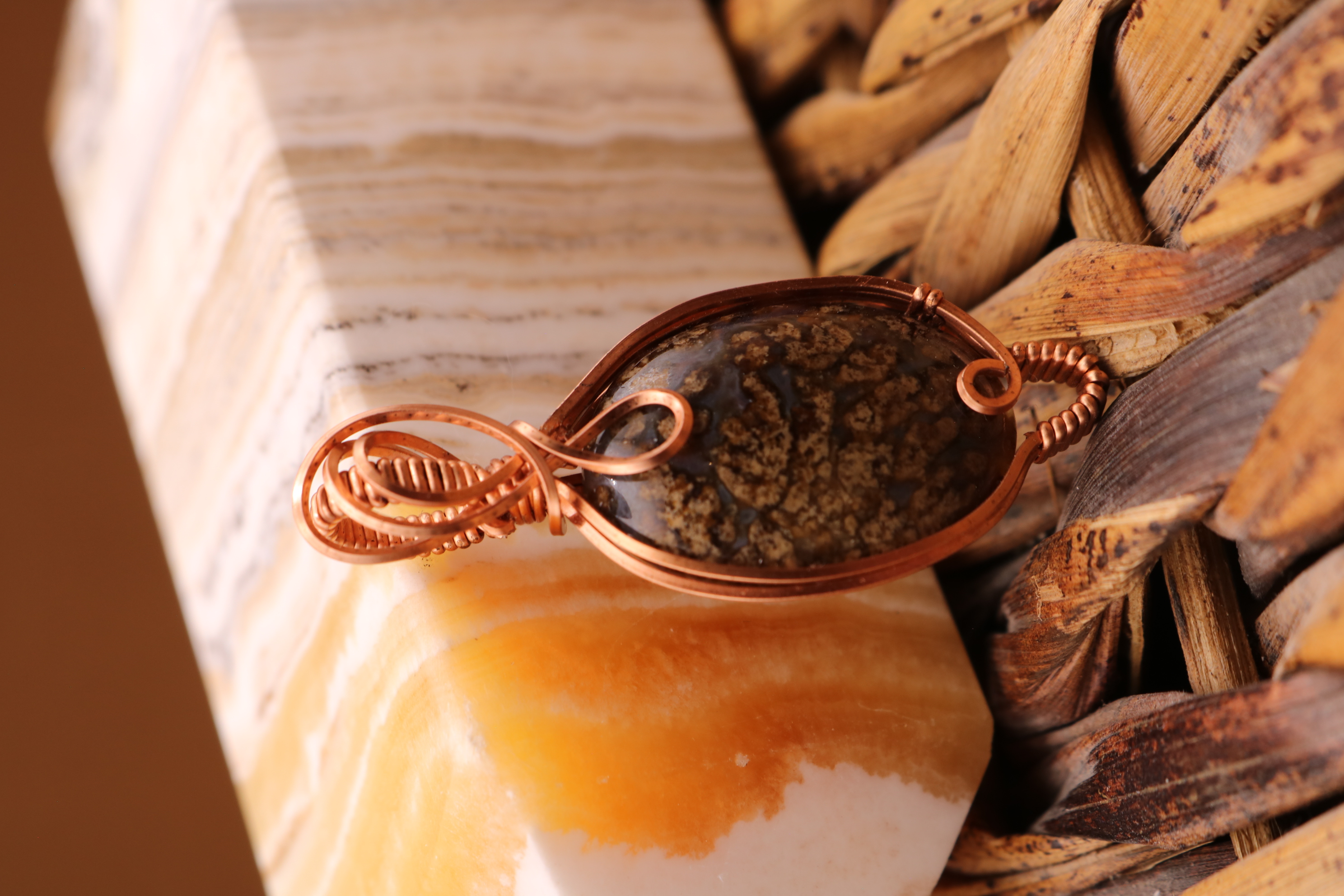 Copper Wire Wrapped Coprolite Necklace Pendant
