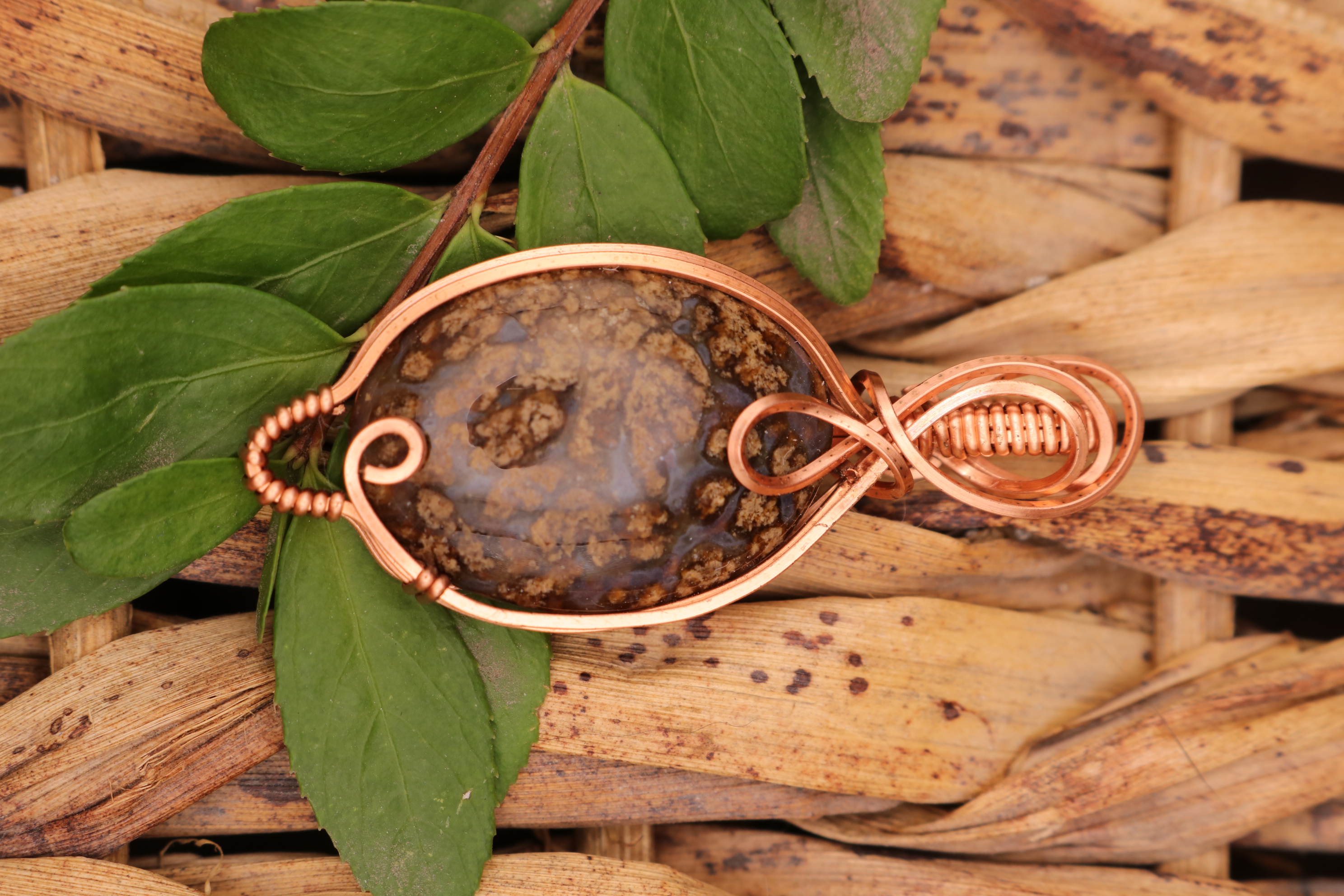 Copper Wire Wrapped Coprolite Necklace Pendant
