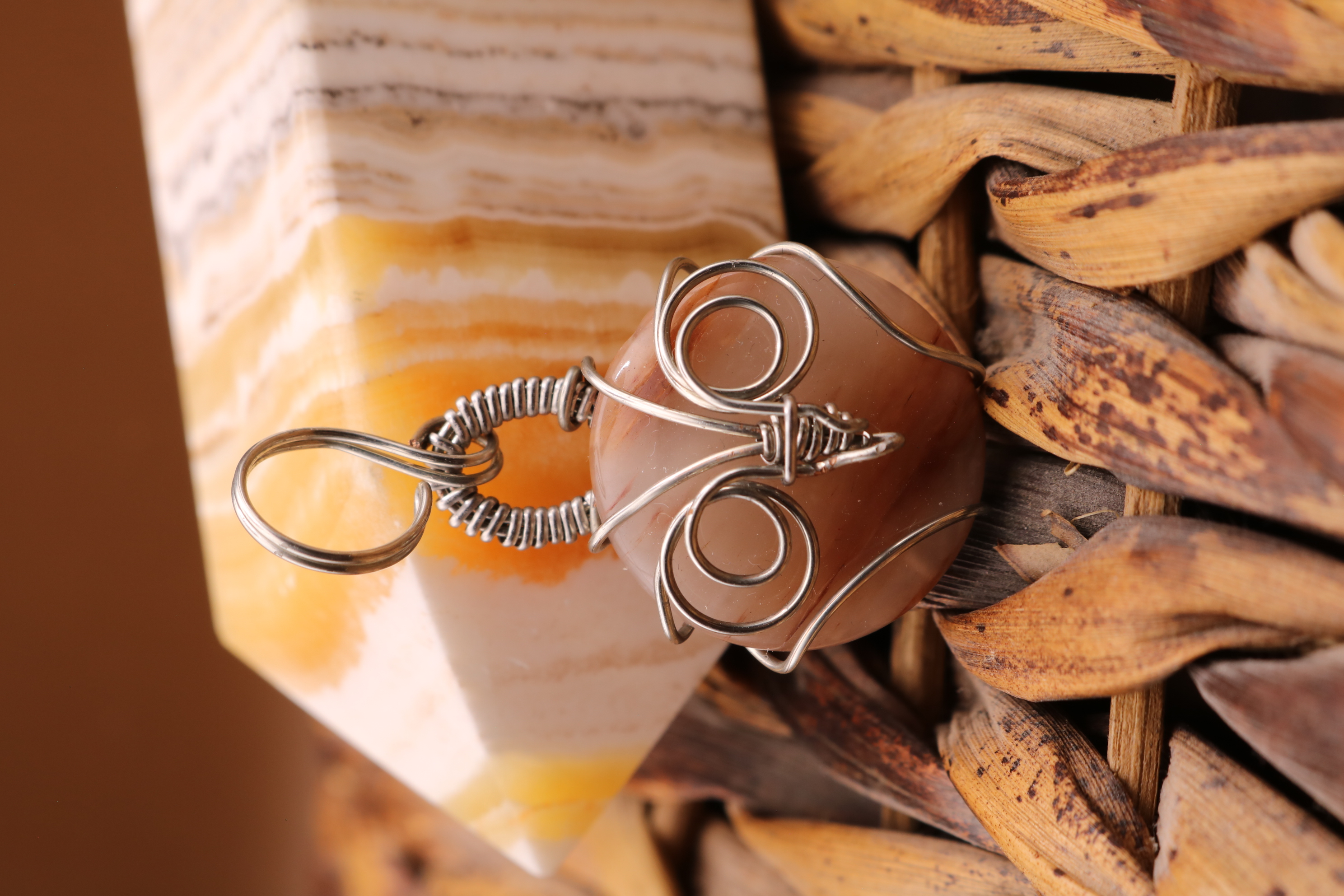 Silver Wire Wrapped Hematoid Quartz Crystal Owl Necklace Pendant