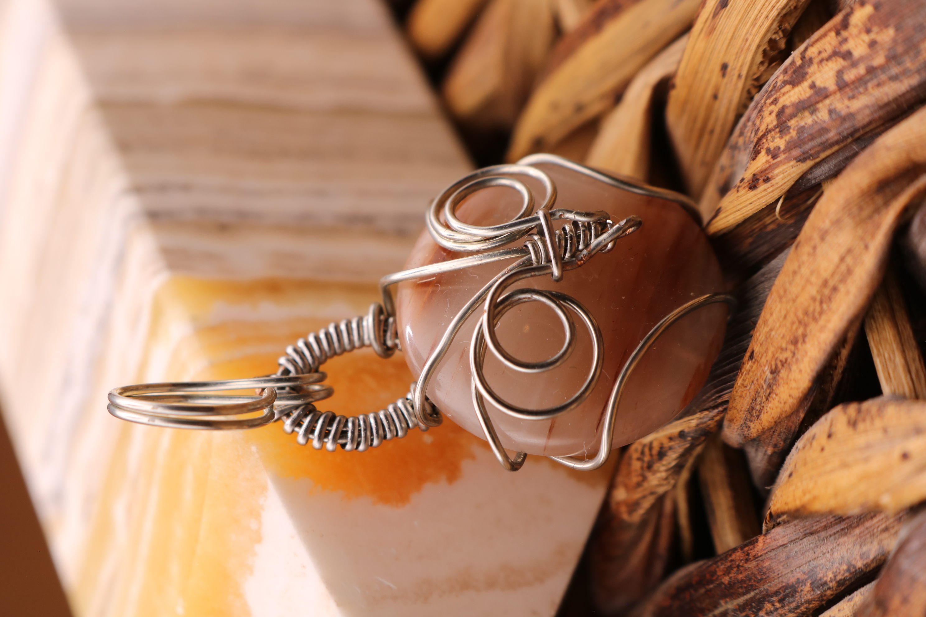 Silver Wire Wrapped Hematoid Quartz Crystal Owl Necklace Pendant