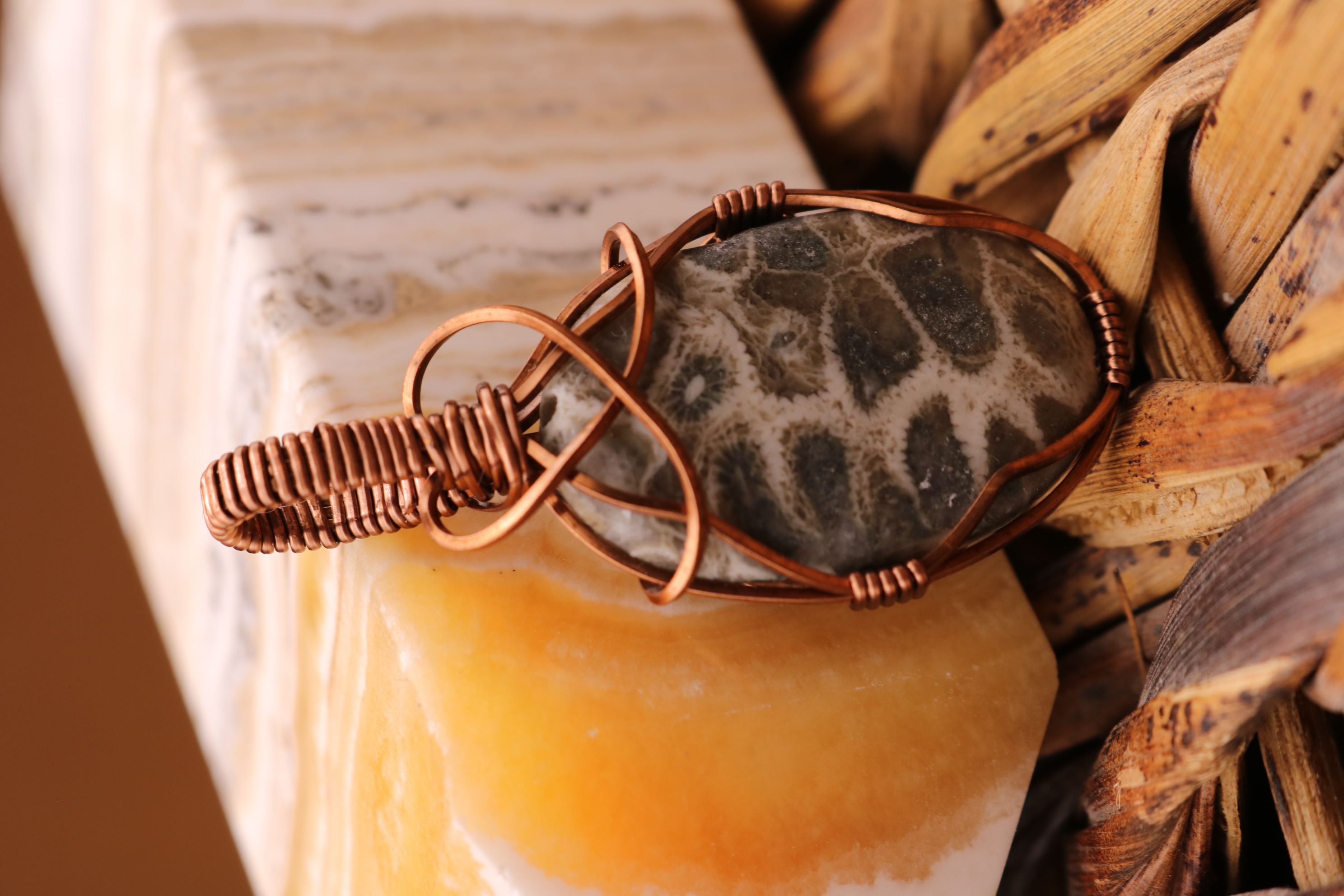 Bronze Wire Wrapped Petoskey Stone Necklace Pendant