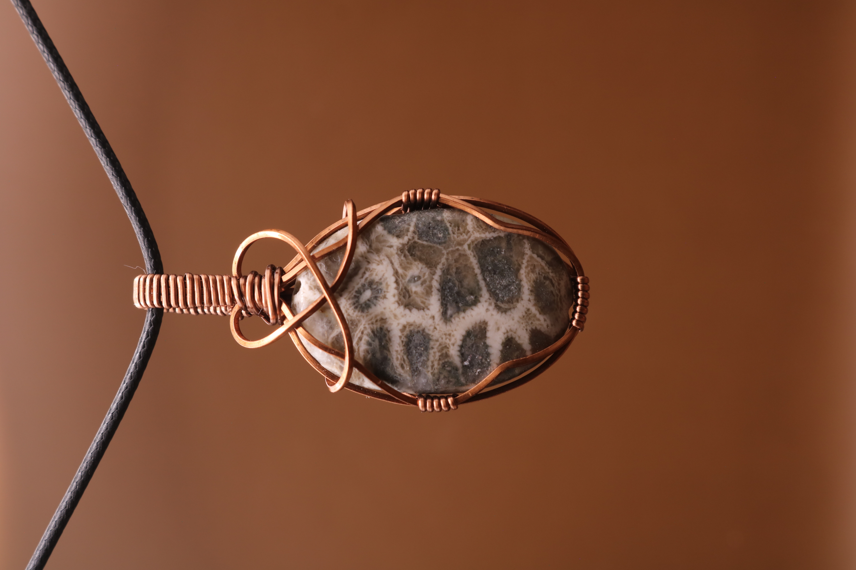 Bronze Wire Wrapped Petoskey Stone Necklace Pendant