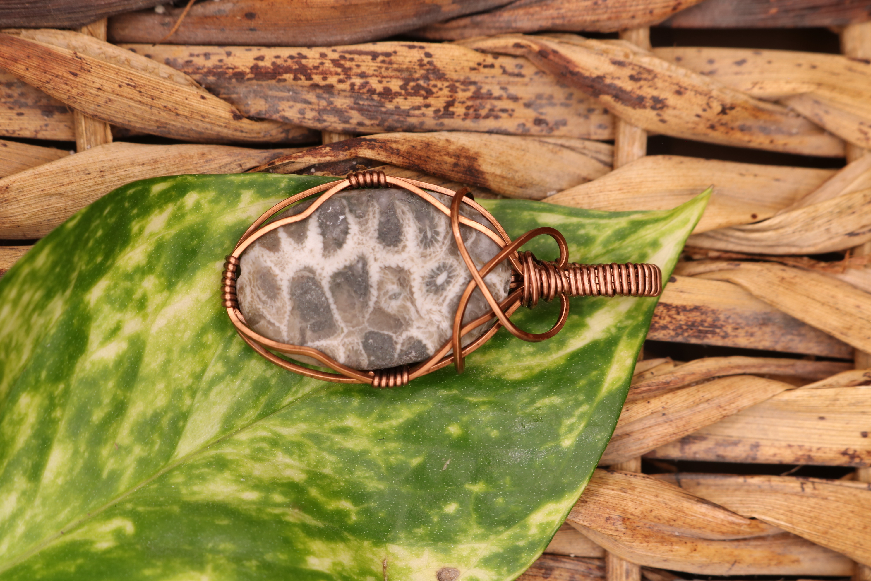 Bronze Wire Wrapped Petoskey Stone Necklace Pendant