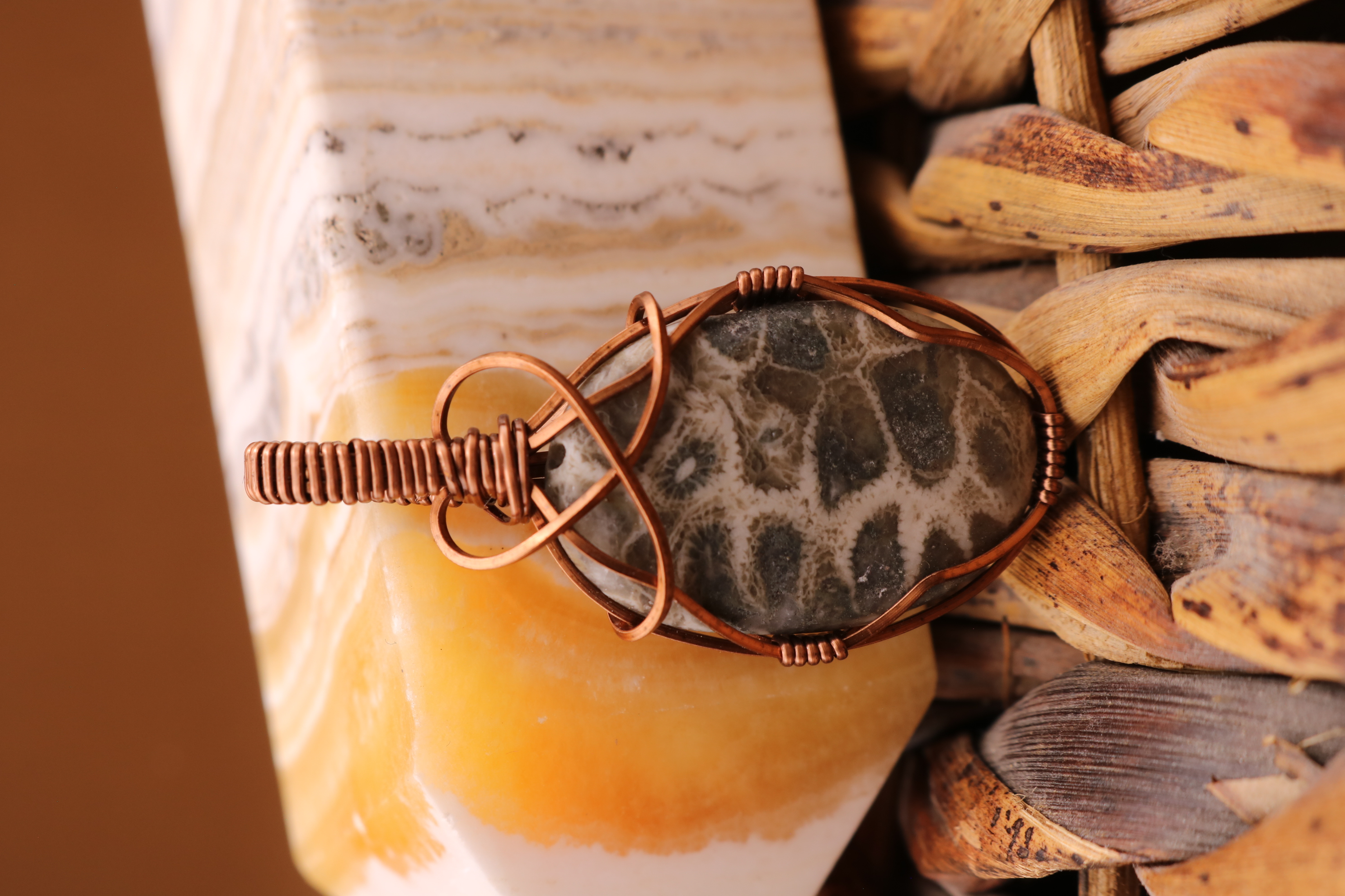 Bronze Wire Wrapped Petoskey Stone Necklace Pendant