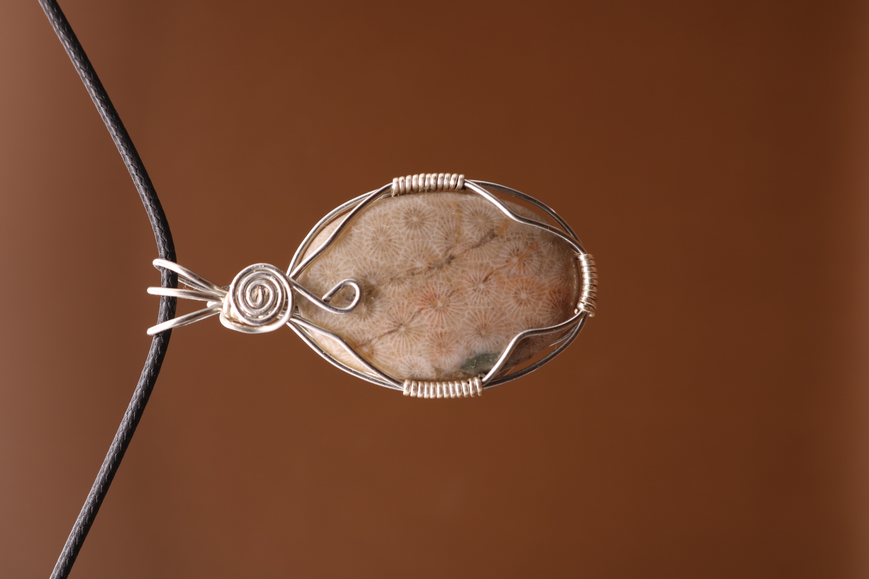 Silver Wire Wrapped Petoskey Stone Necklace Pendant