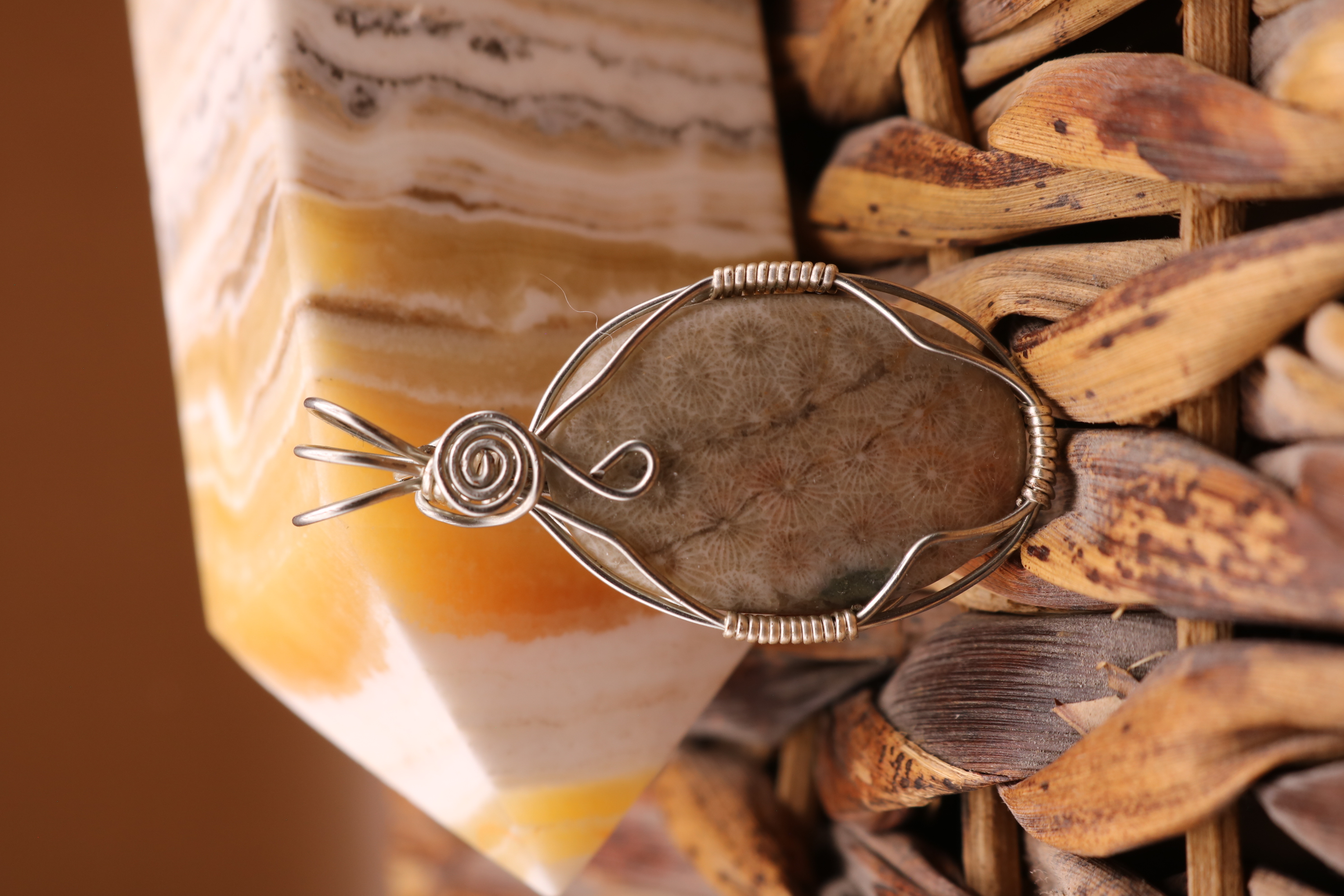 Silver Wire Wrapped Petoskey Stone Necklace Pendant