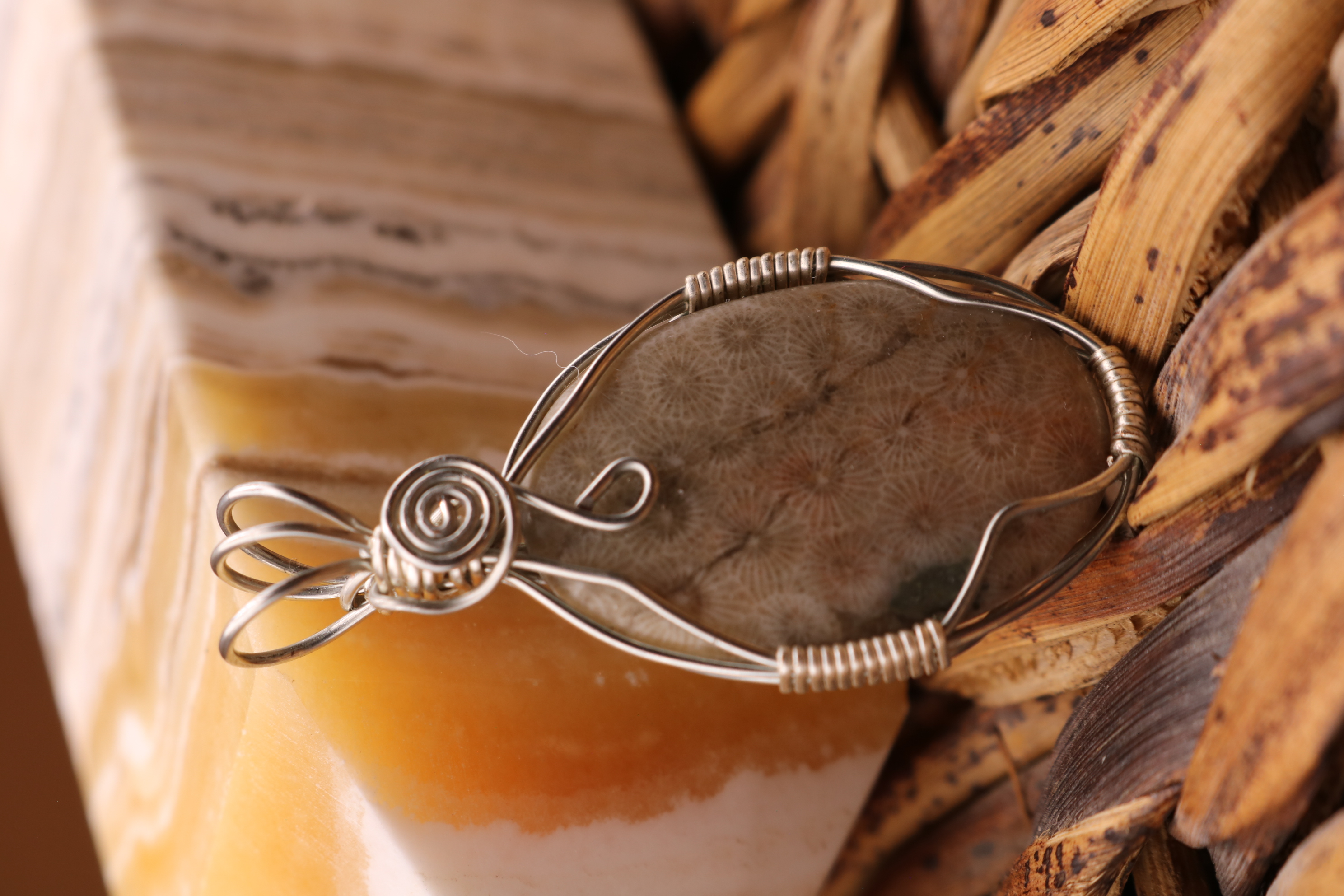 Silver Wire Wrapped Petoskey Stone Necklace Pendant