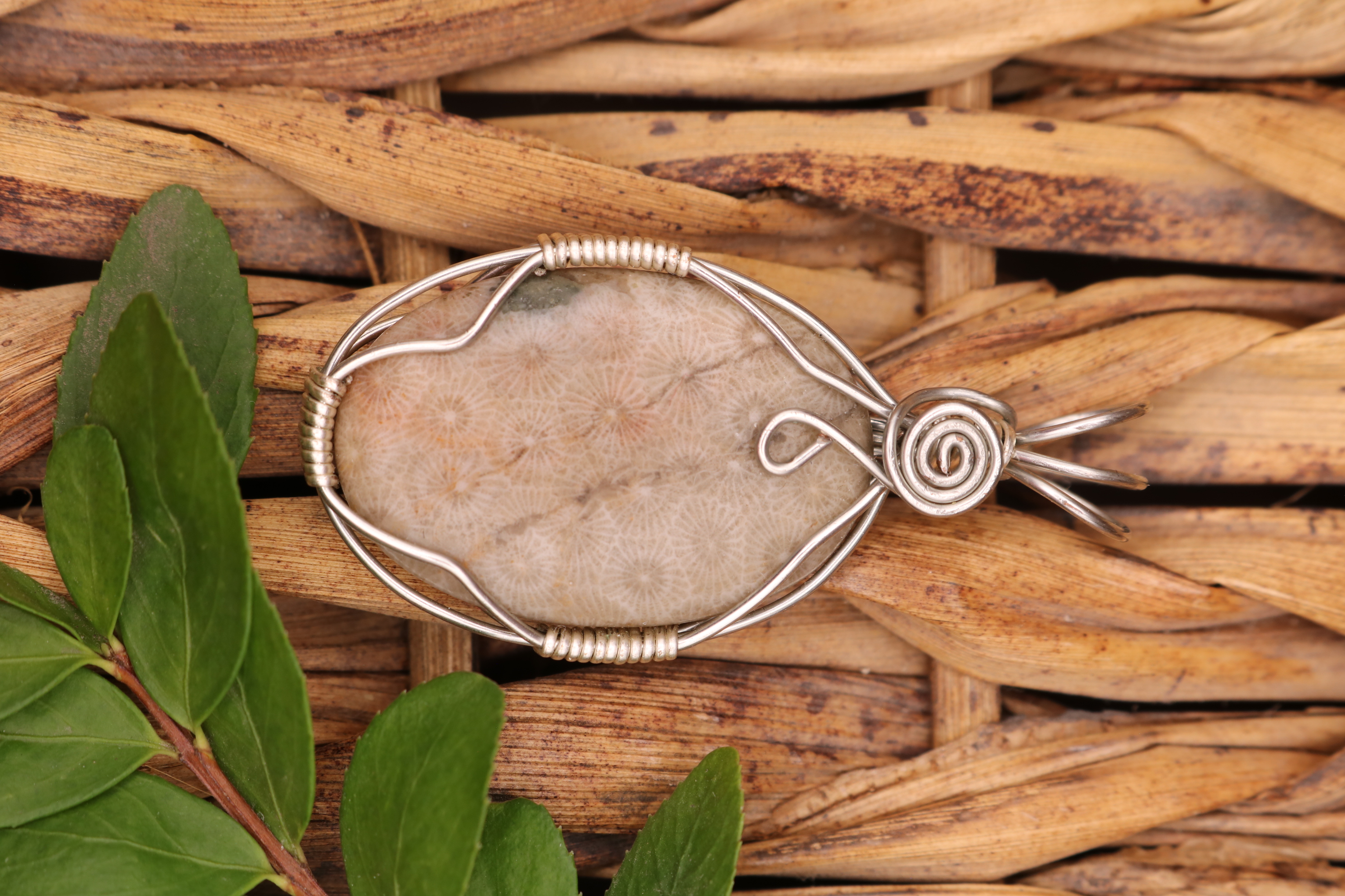 Silver Wire Wrapped Petoskey Stone Necklace Pendant