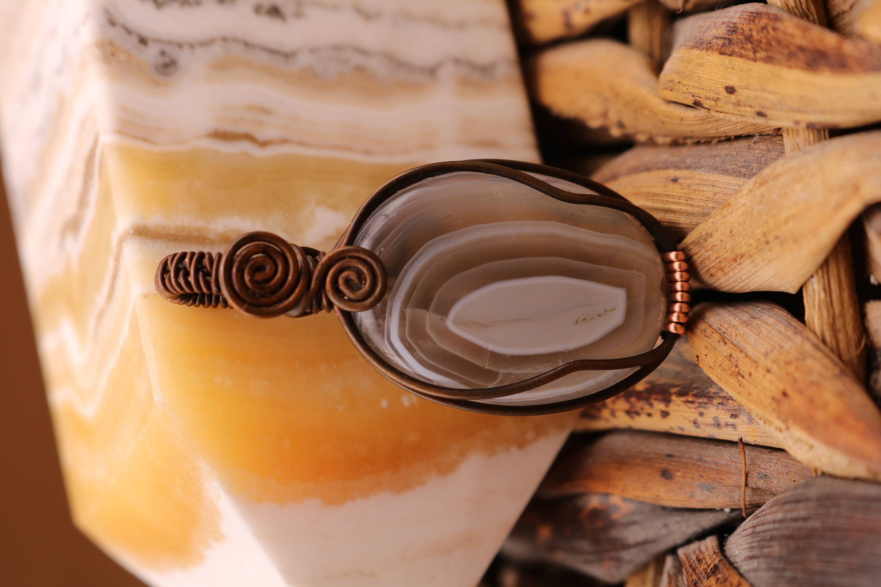 Copper Wire Wrapped Botswana Agate Crystal Necklace Pendant