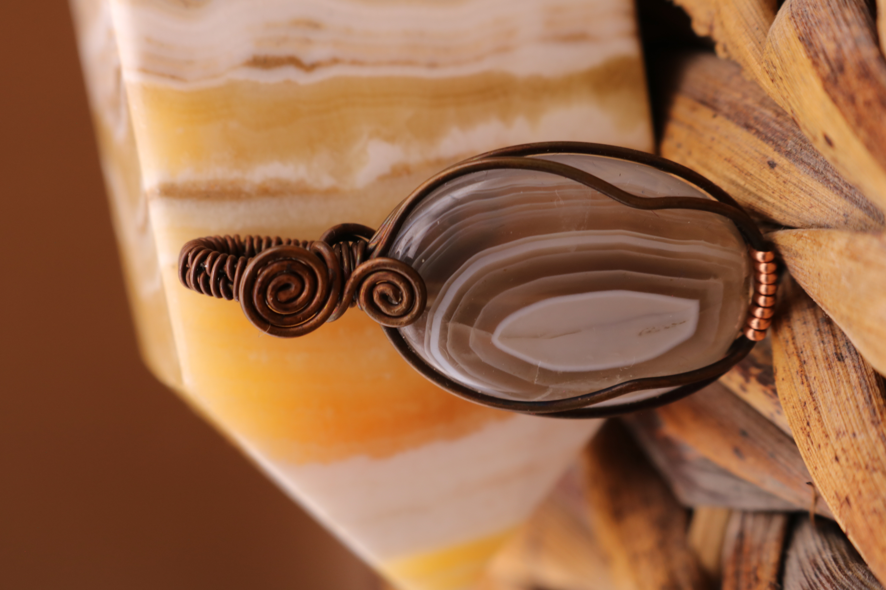 Copper Wire Wrapped Botswana Agate Crystal Necklace Pendant