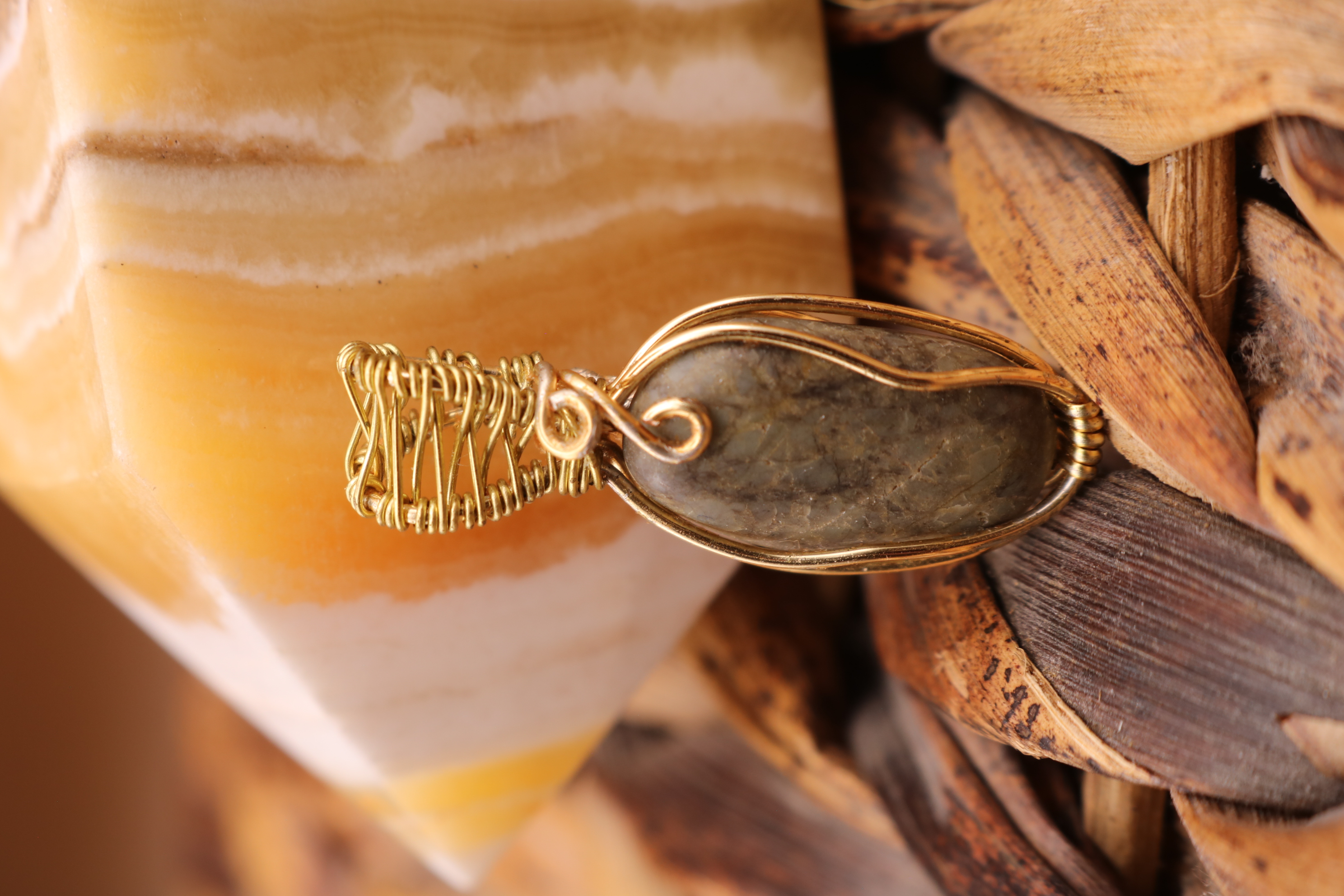 Gold Wire Wrapped Jasper Crystal Necklace Pendant