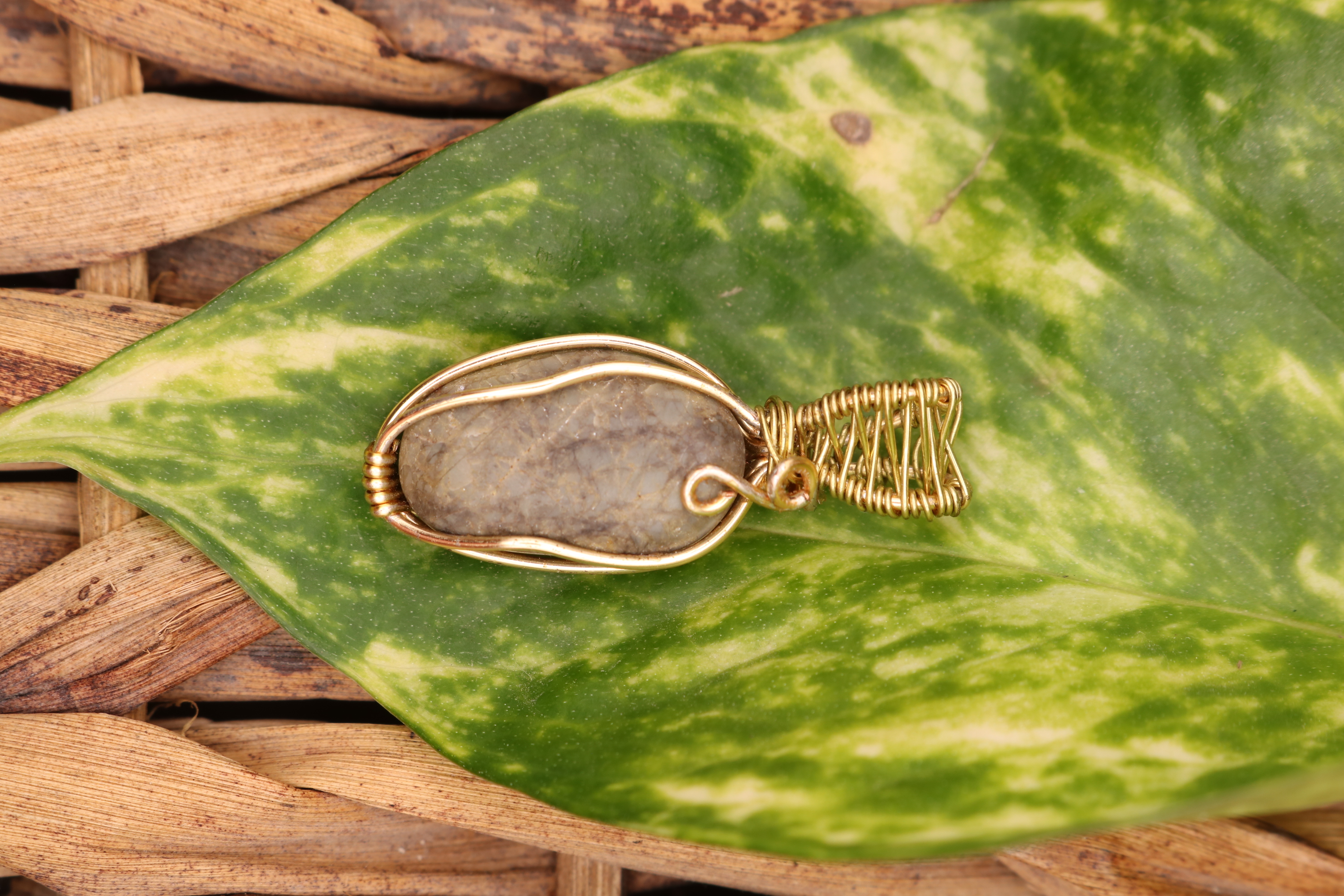 Gold Wire Wrapped Jasper Crystal Necklace Pendant