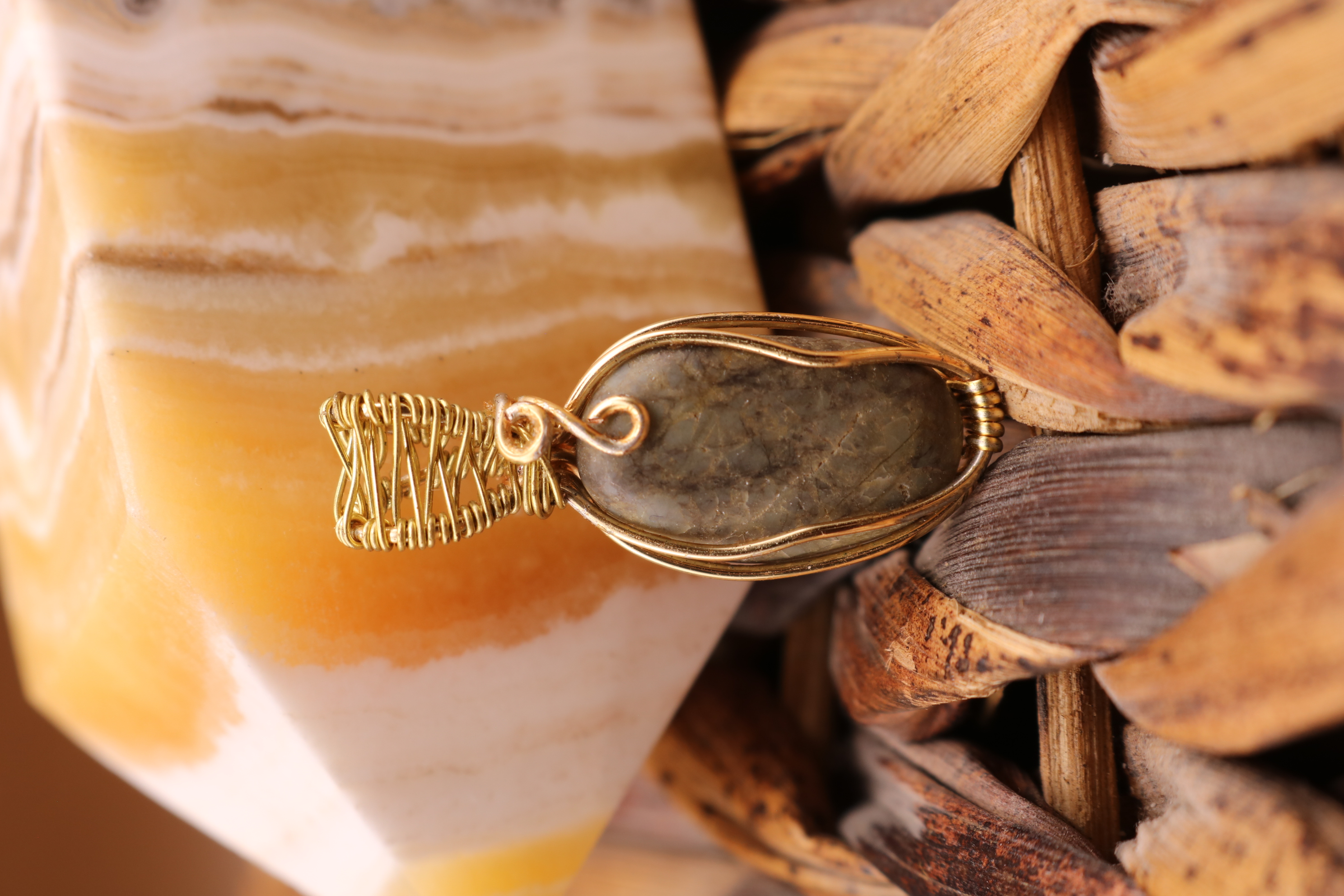 Gold Wire Wrapped Jasper Crystal Necklace Pendant