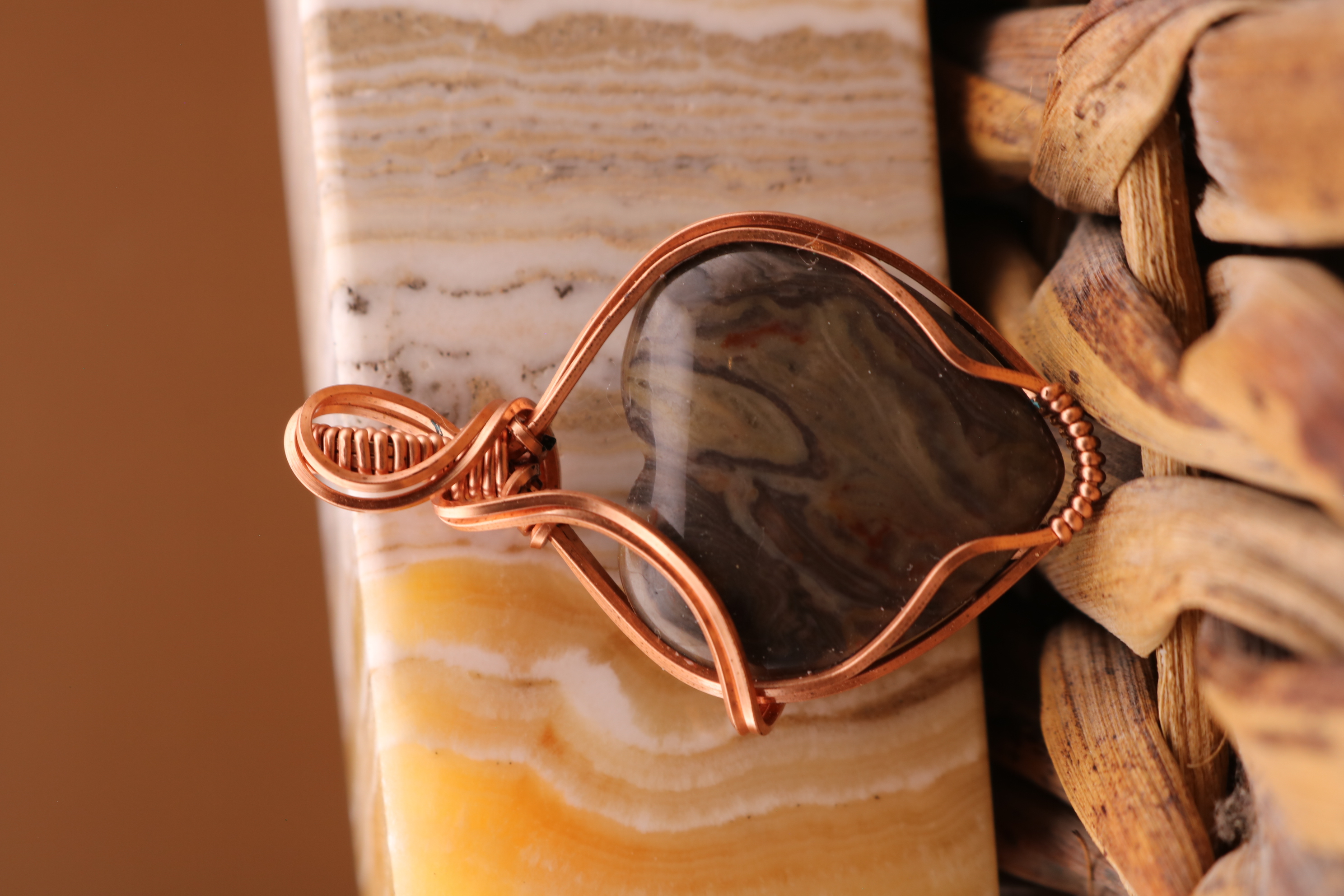 Copper Wire Wrapped Jasper Crystal Necklace Pendant